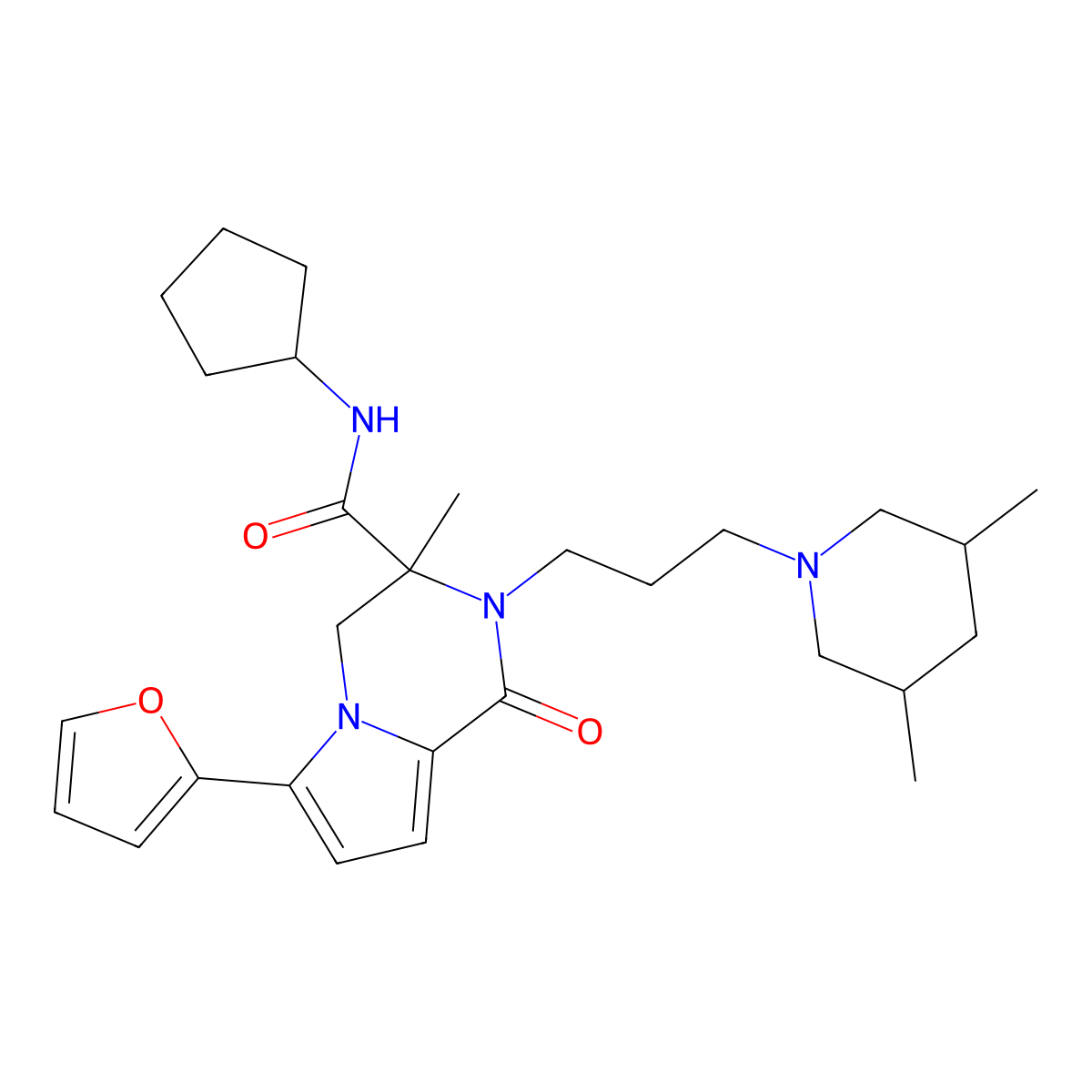 N-cyclopentyl-2-[3-(3,5-dimethylpiperidin-1-yl)propyl]-6-(2-furyl)-3-methyl-1-oxo-1,2,3,4-tetrahydropyrrolo[1,2-a]pyrazine-3-carboxamide molecular structure, CAS 1217852-50-0