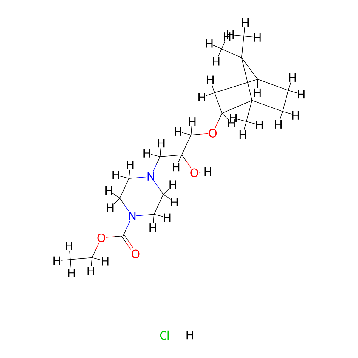 ethyl 4-(2-hydroxy-3-(((1S,4R)-1,7,7-trimethylbicyclo[2.2.1]heptan-2-yl)oxy)propyl)piperazine-1-carboxylate hydrochloride molecular structure, CAS 1217853-89-8