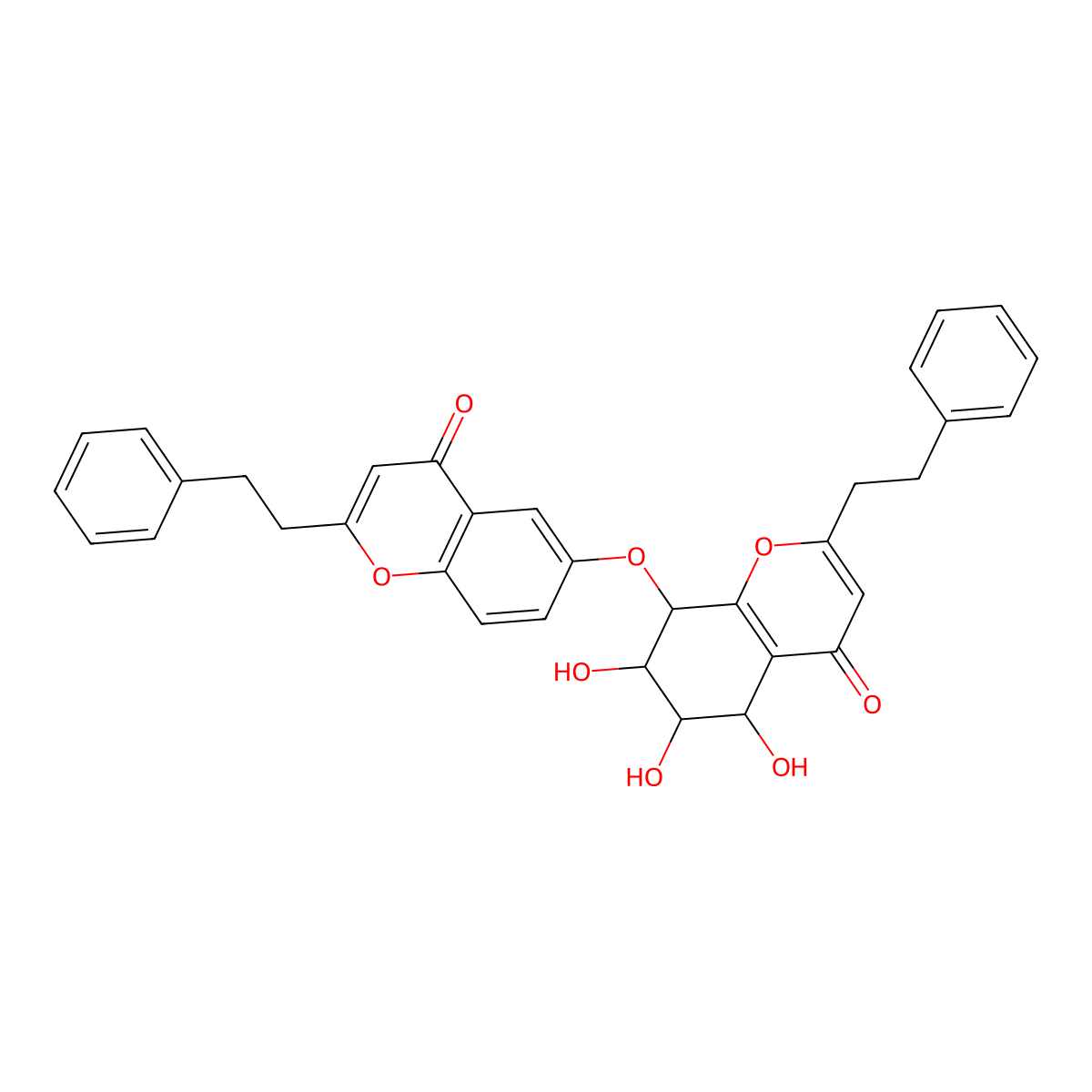 4H-1-Benzopyran-4-one,5,6,7,8-tetrahydro-5,6,7-trihydroxy-8-[[4-oxo-2-(2-phenylethyl)-4H-1-benzopyran-6-yl]oxy]-2-(2-phenylethyl)-, (5S,6R,7R,8S) molecular structure, CAS 121795-56-0