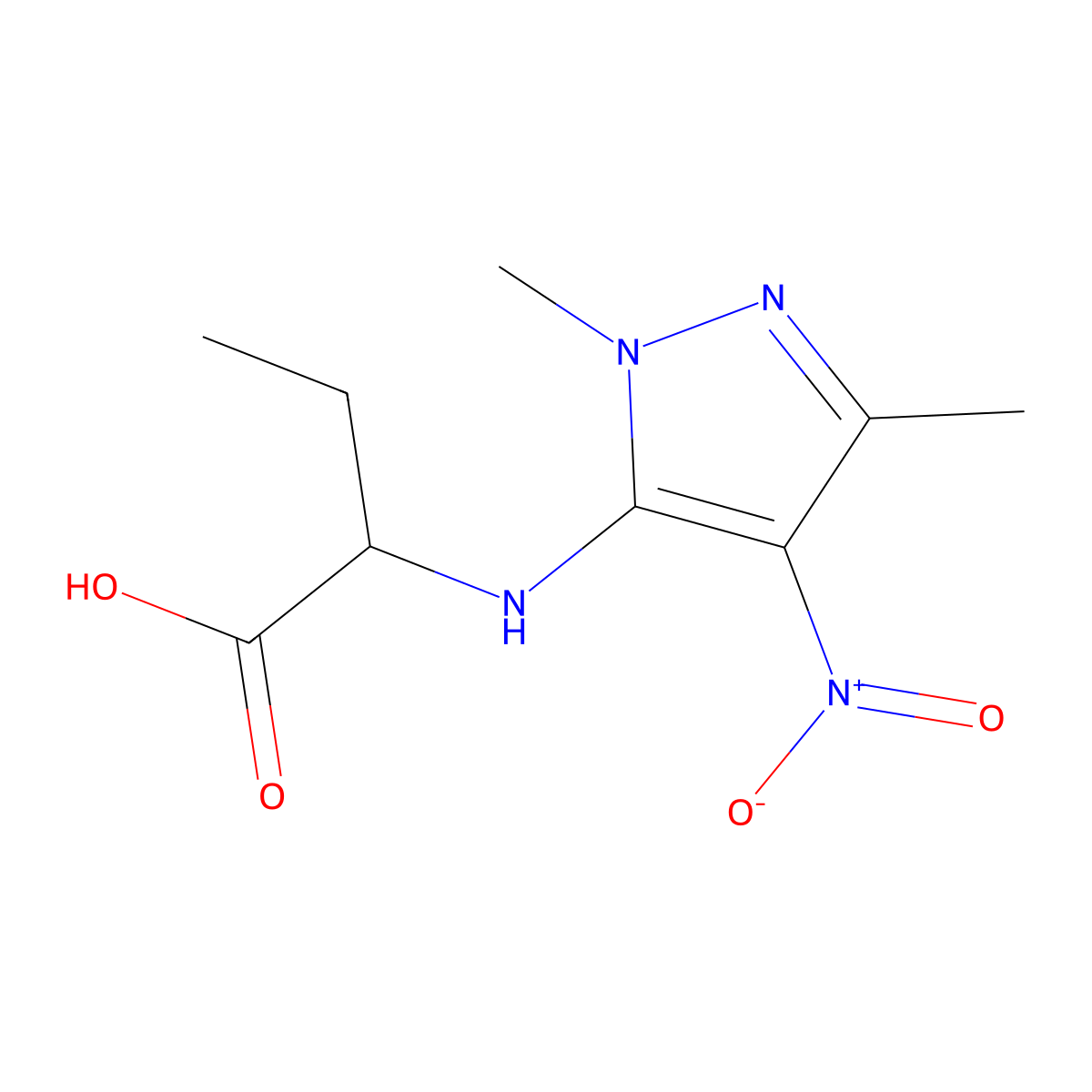 2-[(1,3-dimethyl-4-nitro-1H-pyrazol-5-yl)amino]butanoic acid molecular structure, CAS 1218071-54-5