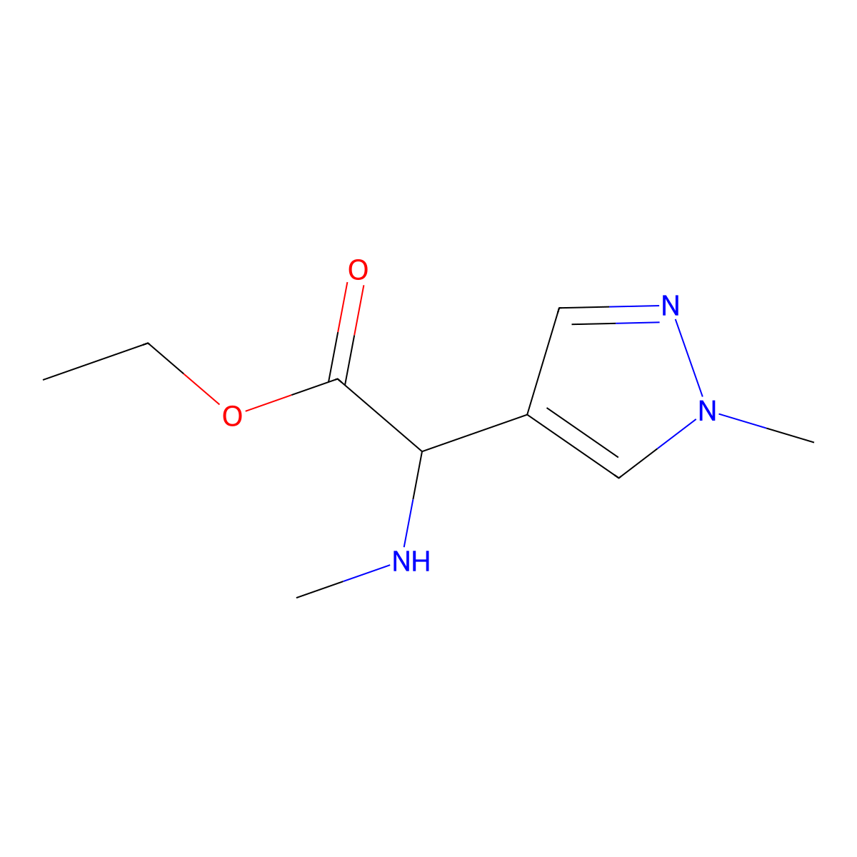 Ethyl 2-(1-methyl-1H-pyrazol-4-yl)-2-(methylamino)acetate molecular structure, CAS 1218189-57-1