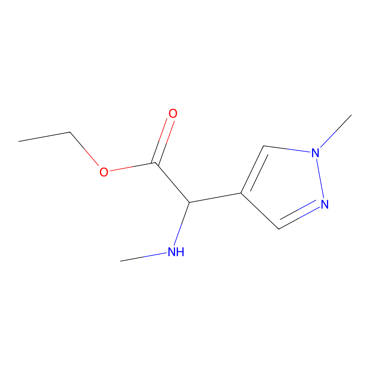 Ethyl 2-(1-methyl-1H-pyrazol-4-yl)-2-(methylamino)acetate molecular structure, CAS 1218189-57-1
