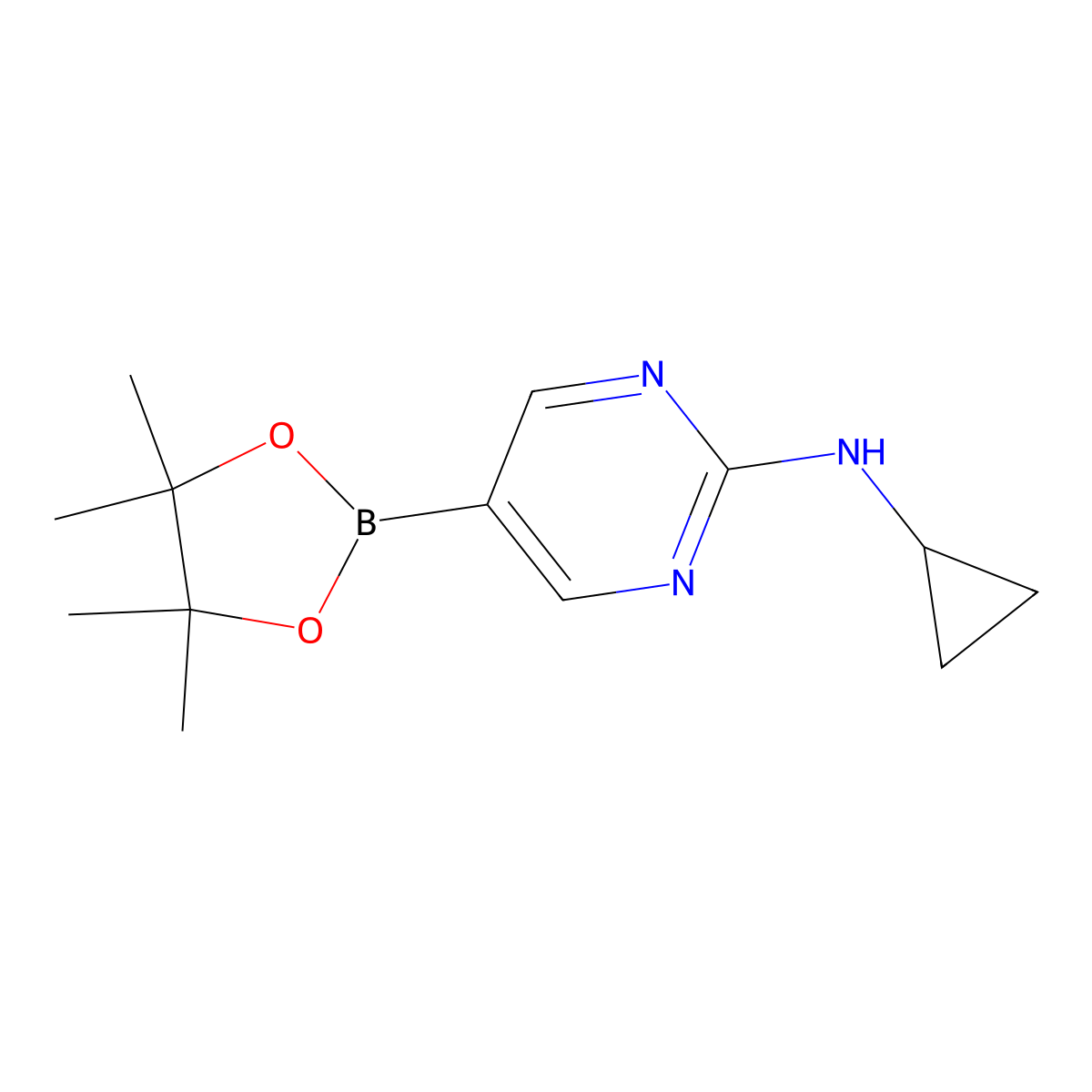 N-Cyclopropyl-5-(4,4,5,5-tetramethyl-1,3,2-dioxaborolan-2-yl)pyrimidin-2-amine molecular structure, CAS 1218789-33-3