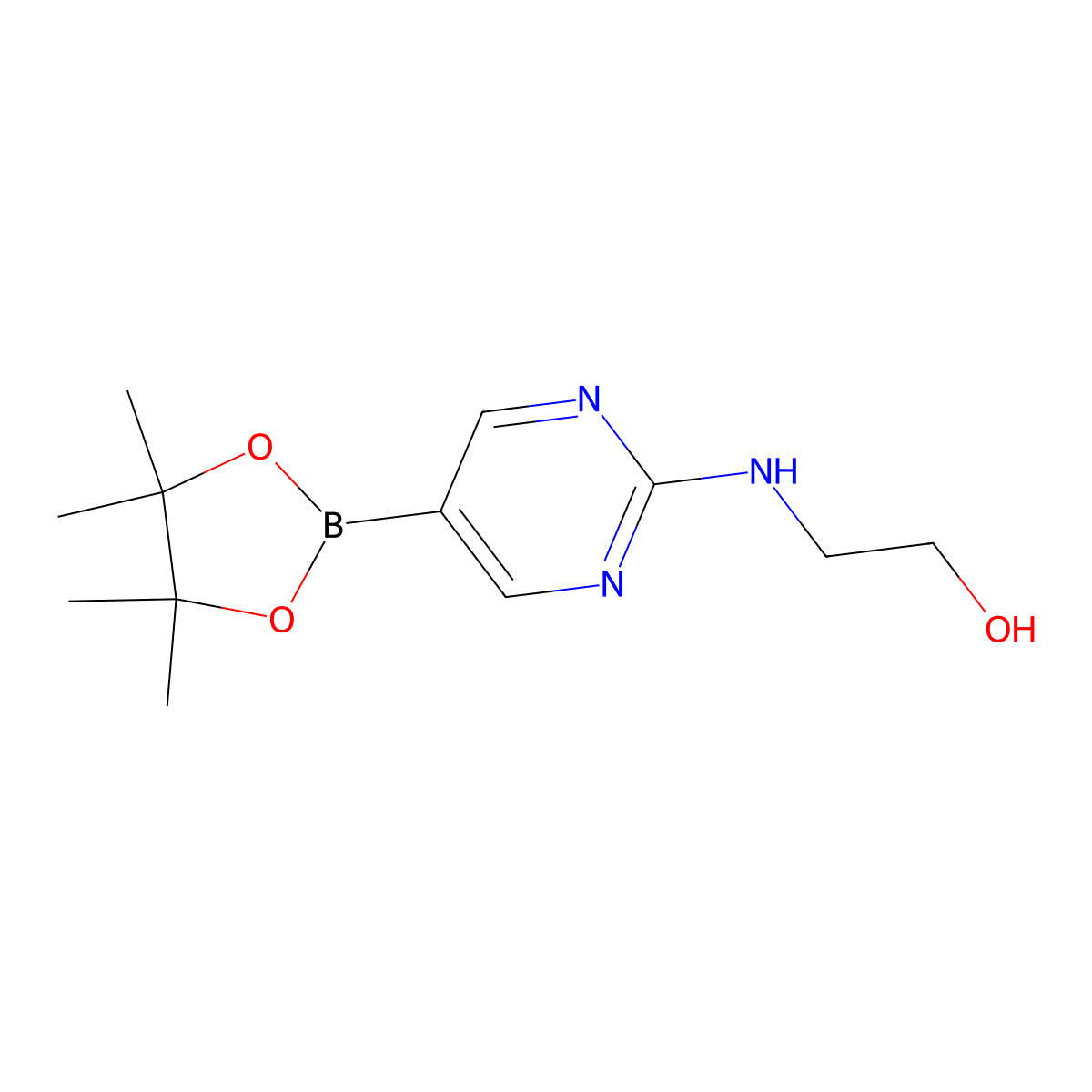2-((5-(4,4,5,5-Tetramethyl-1,3,2-dioxaborolan-2-yl)pyrimidin-2-yl)amino)ethanol molecular structure, CAS 1218789-34-4