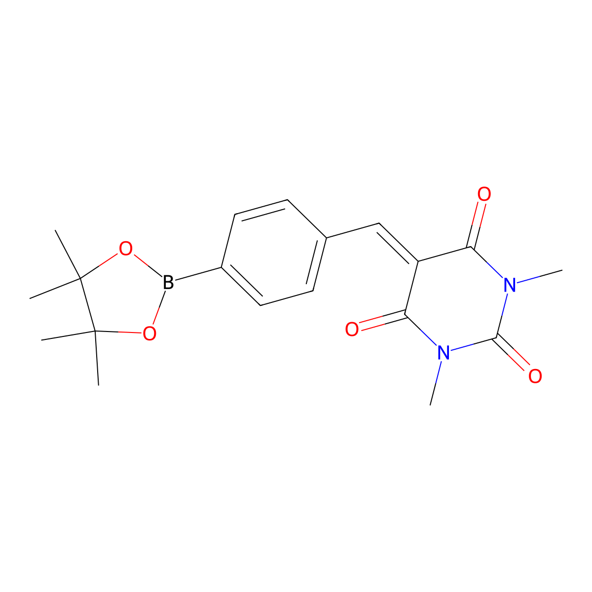 1,3-Dimethyl-5-[4-(4,4,5,5-tetramethyl-[1,3,2]dioxaborolan-2-yl)-benzylidene]-pyrimidine-2,4,6-trione molecular structure, CAS 1218790-48-7
