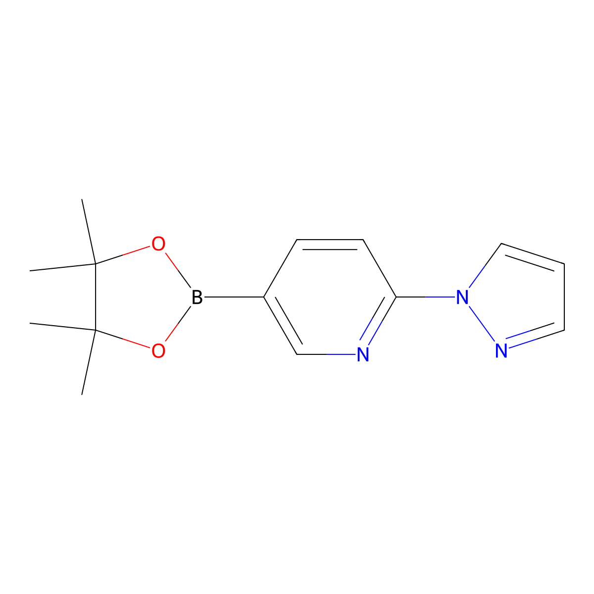 2-(1H-Pyrazol-1-yl)-5-(4,4,5,5-tetramethyl-1,3,2-dioxaborolan-2-yl)pyridine molecular structure, CAS 1218791-02-6