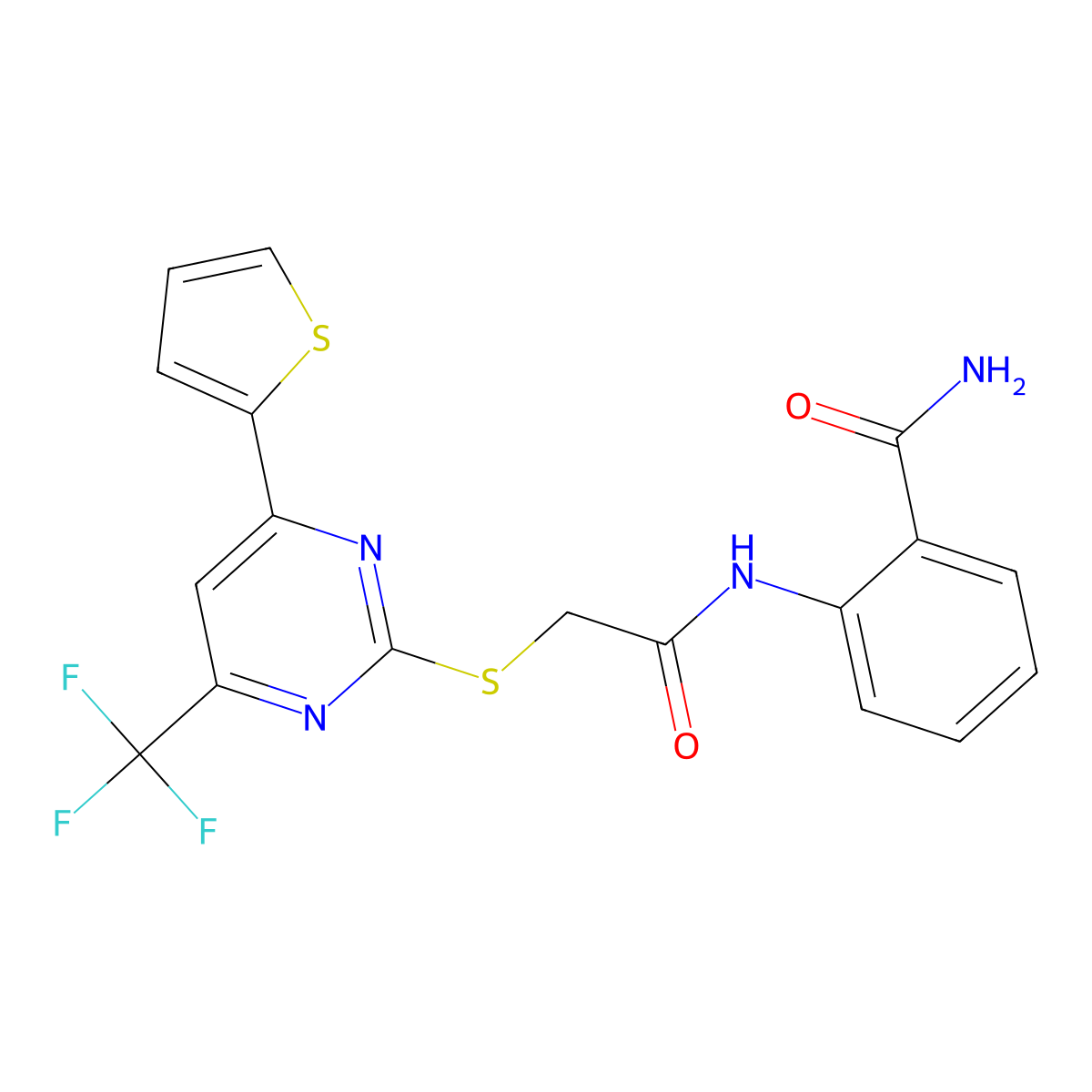 2-[({[4-(Thiophen-2-yl)-6-(trifluoromethyl)pyrimidin-2-yl]sulfanyl}acetyl)amino]benzamide molecular structure, CAS 1219027-07-2
