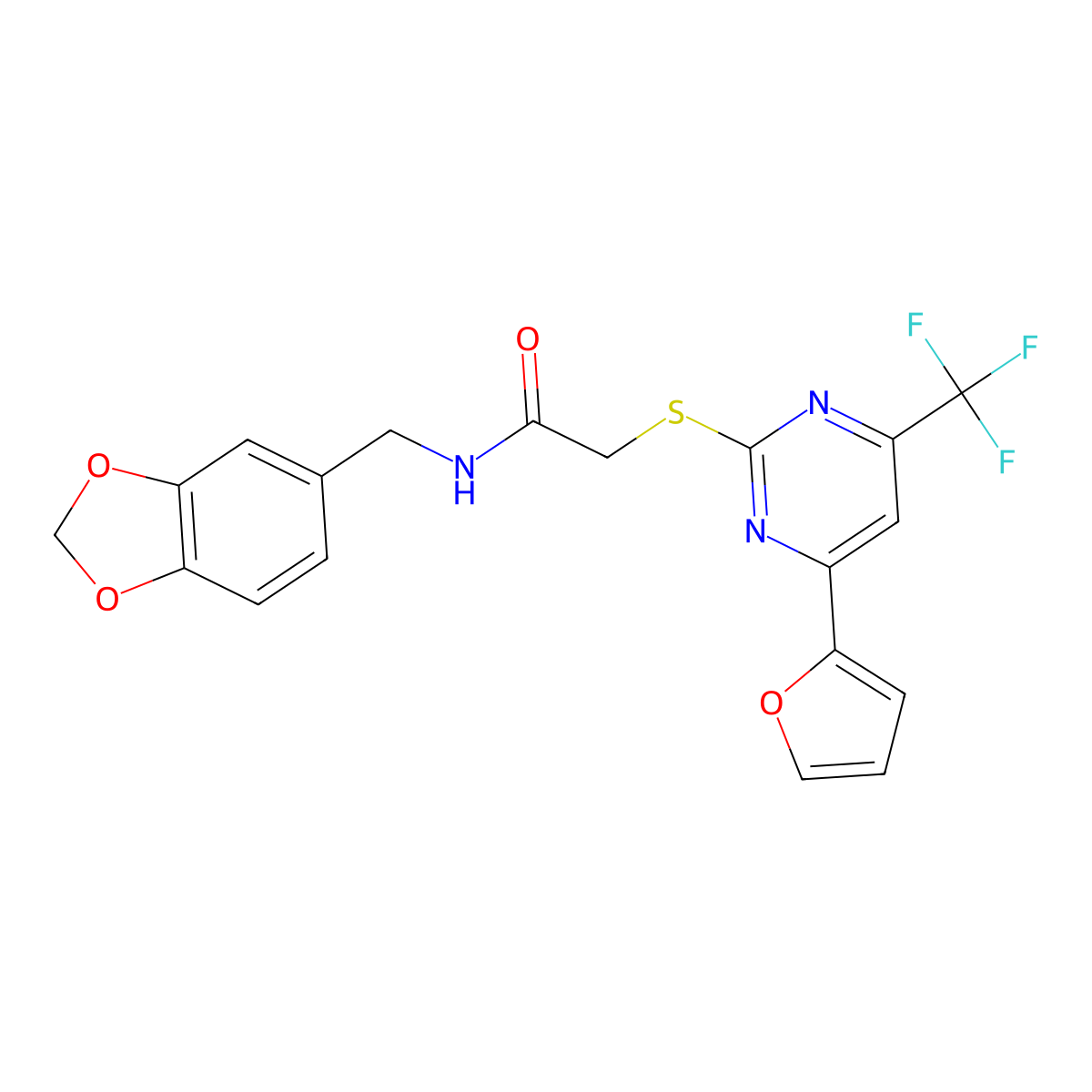 N-[(2H-1,3-benzodioxol-5-yl)methyl]-2-{[4-(furan-2-yl)-6-(trifluoromethyl)pyrimidin-2-yl]sulfanyl}acetamide molecular structure, CAS 1219027-18-5