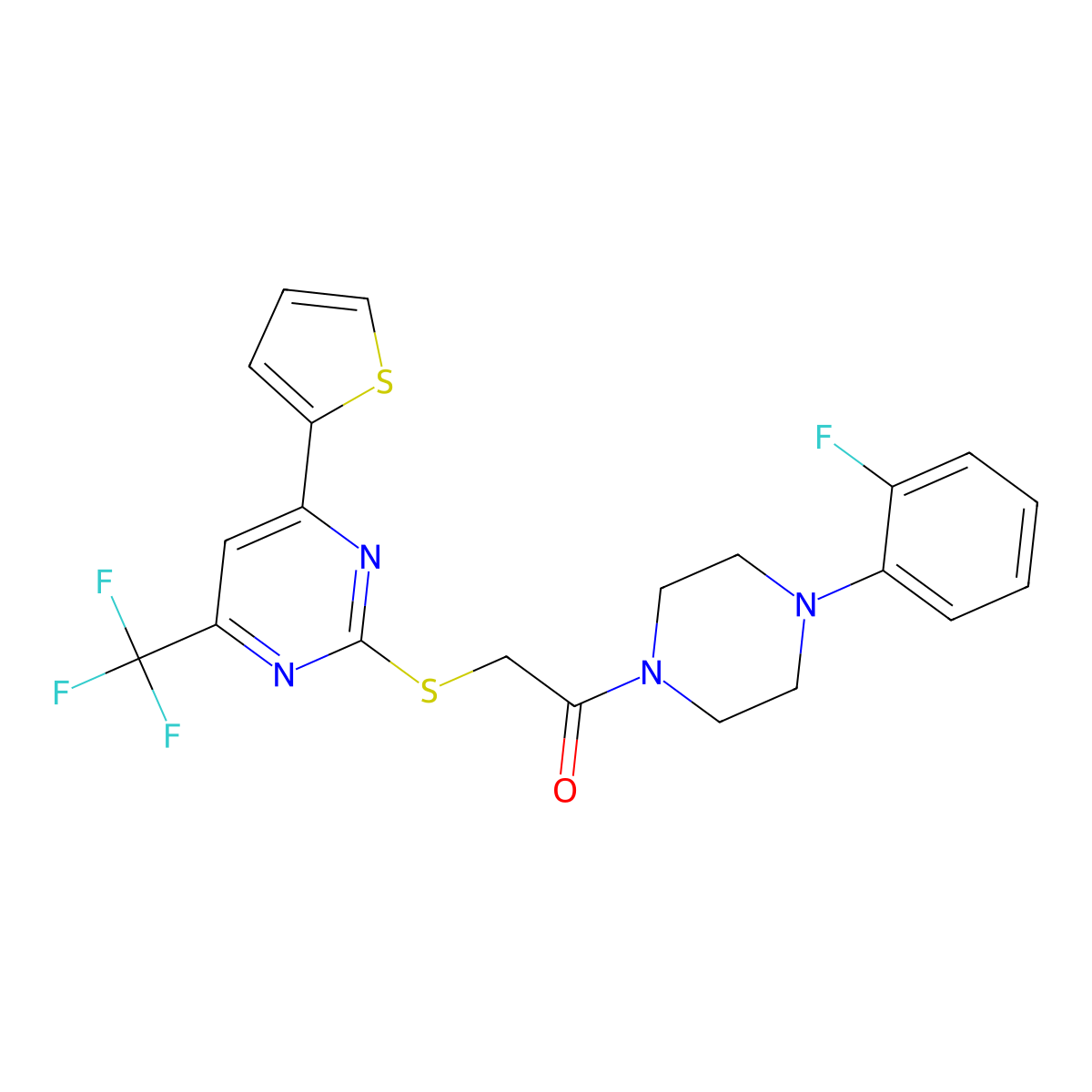 1-[4-(2-Fluorophenyl)piperazin-1-yl]-2-{[4-(thiophen-2-yl)-6-(trifluoromethyl)pyrimidin-2-yl]sulfanyl}ethanone molecular structure, CAS 1219027-33-4