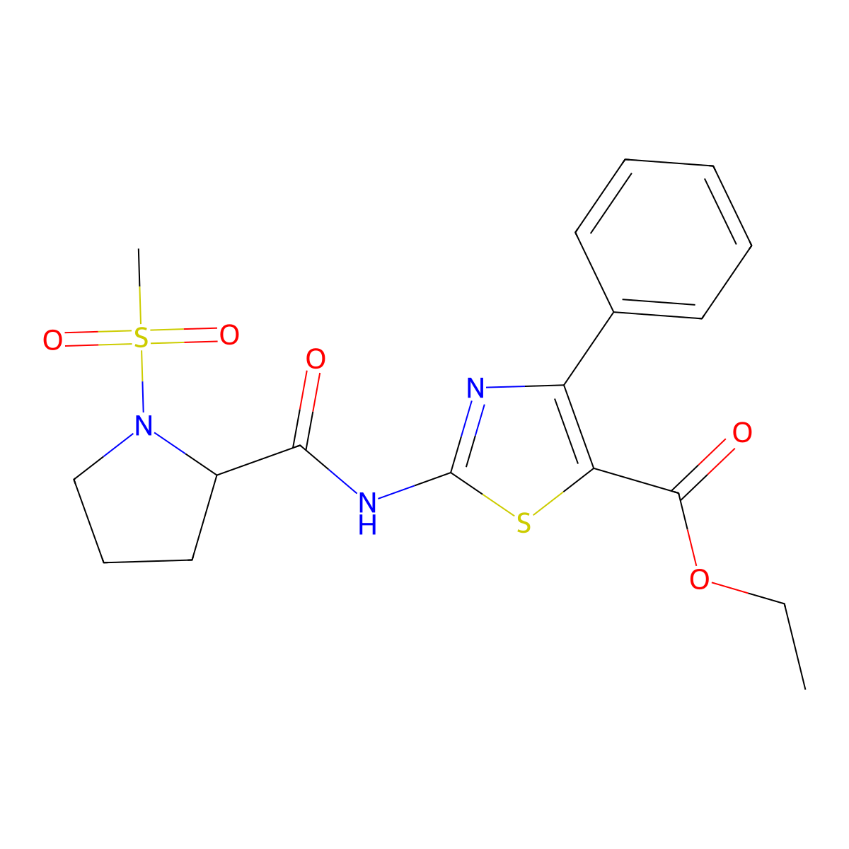 Ethyl 2-(1-(methylsulfonyl)pyrrolidine-2-carboxamido)-4-phenylthiazole-5-carboxylate molecular structure, CAS 1219143-21-1