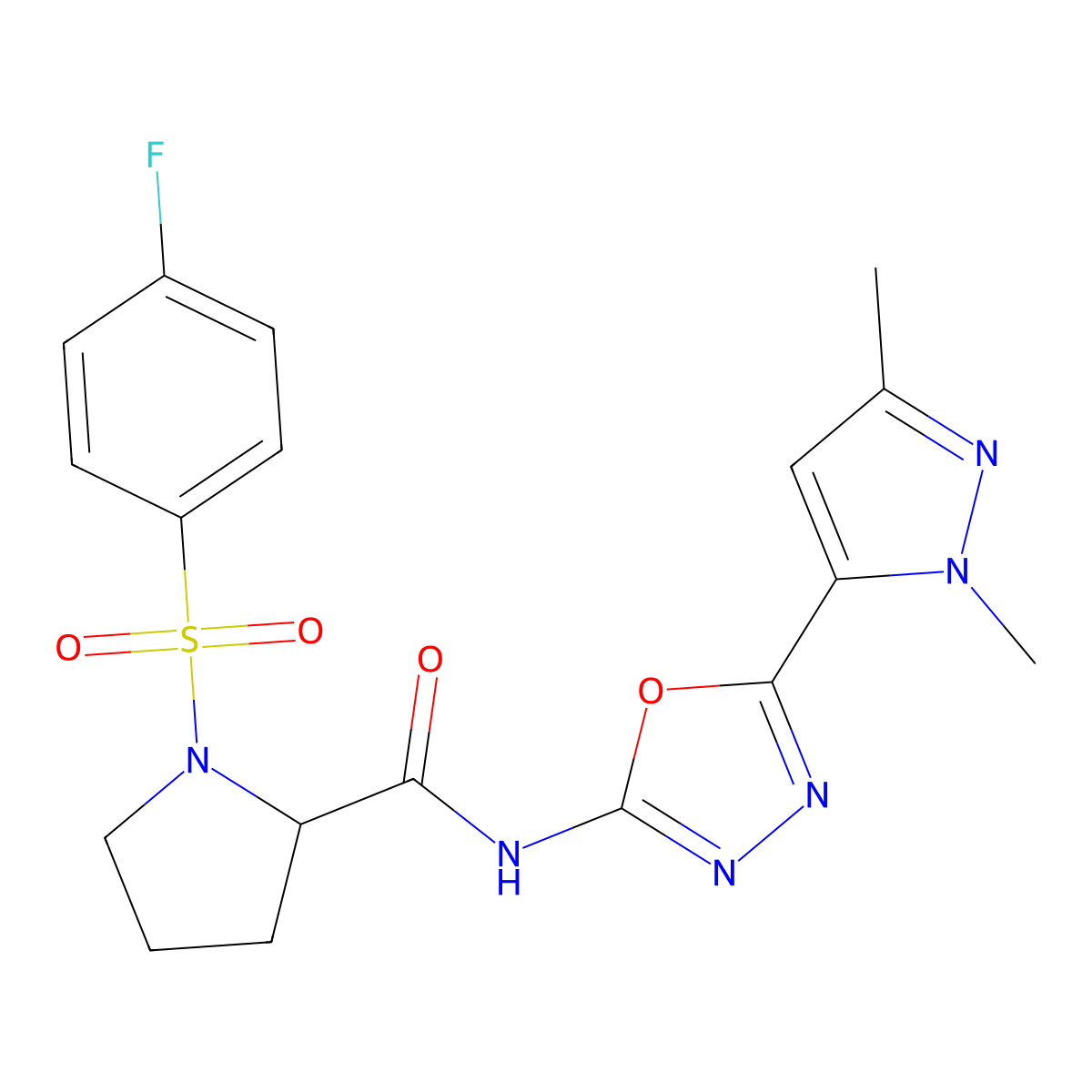 N-(5-(1,3-dimethyl-1H-pyrazol-5-yl)-1,3,4-oxadiazol-2-yl)-1-((4-fluorophenyl)sulfonyl)pyrrolidine-2-carboxamide molecular structure, CAS 1219147-47-3