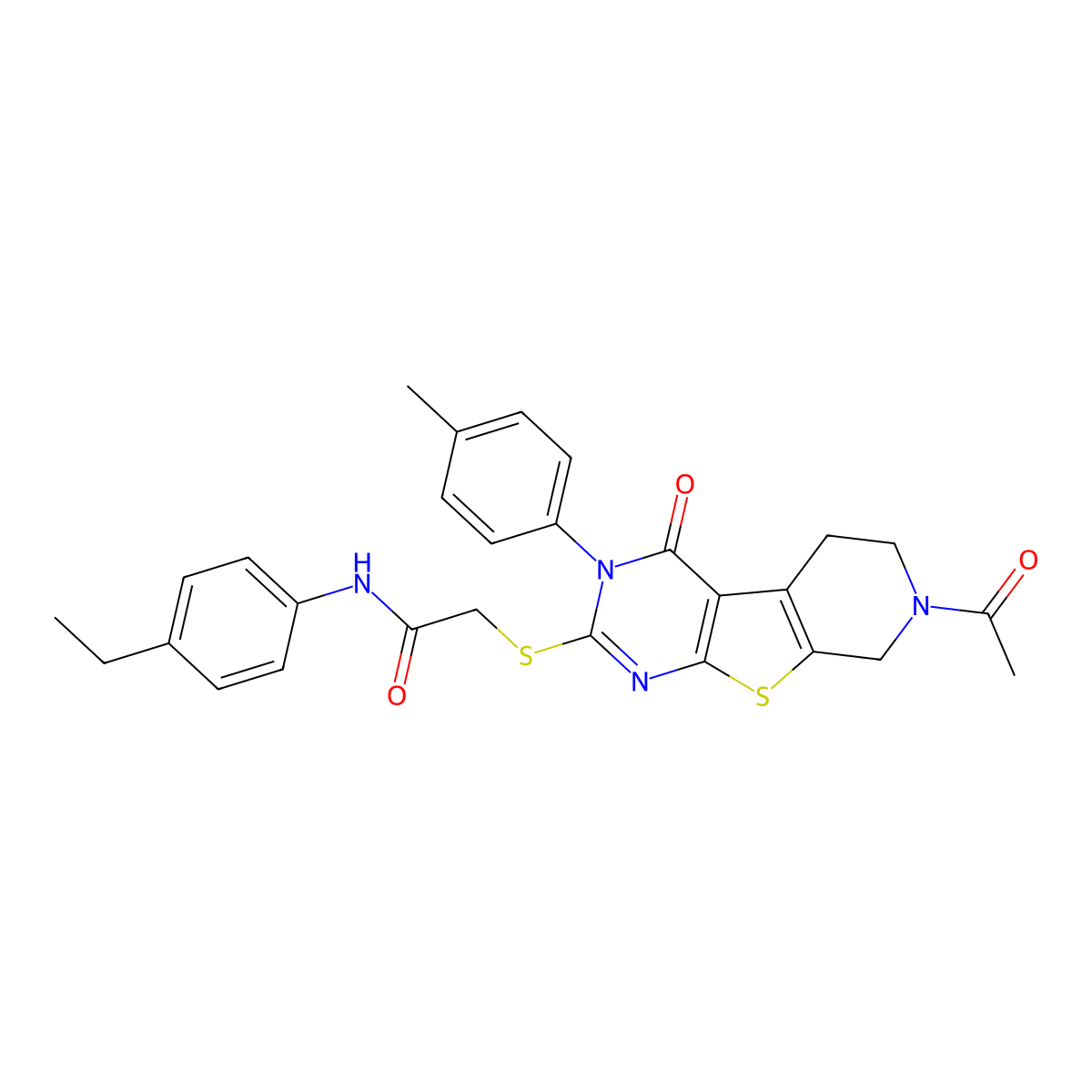 2-{[11-acetyl-4-(4-methylphenyl)-3-oxo-8-thia-4,6,11-triazatricyclo[7.4.0.0^{2,7}]trideca-1(9),2(7),5-trien-5-yl]sulfanyl}-N-(4-ethylphenyl)acetamide molecular structure, CAS 1219148-50-1