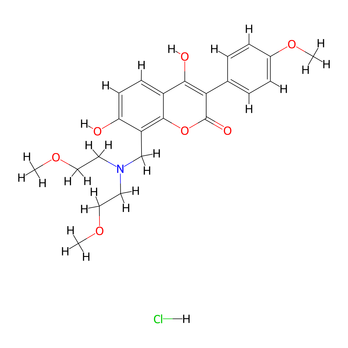8-((bis(2-methoxyethyl)amino)methyl)-4,7-dihydroxy-3-(4-methoxyphenyl)-2H-chromen-2-one hydrochloride molecular structure, CAS 1219150-60-3