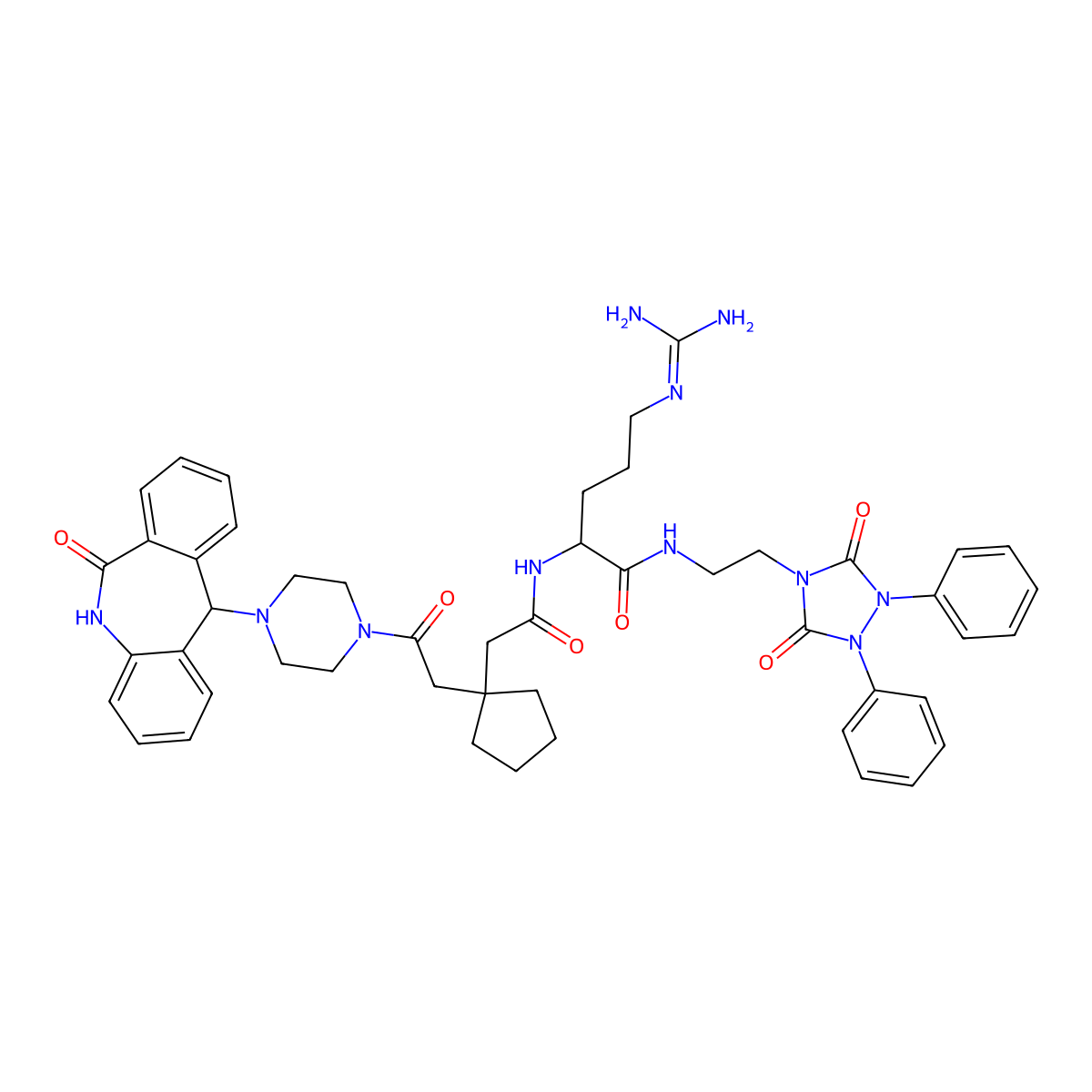 5-(diaminomethylideneamino)-N-[2-(3,5-dioxo-1,2-diphenyl-1,2,4-triazolidin-4-yl)ethyl]-2-[[2-[1-[2-oxo-2-[4-(6-oxo-5,11-dihydrobenzo[c][1]benzazepin-11-yl)piperazin-1-yl]ethyl]cyclopentyl]acetyl]amino]pentanamide molecular structure, CAS 1219190-84-7