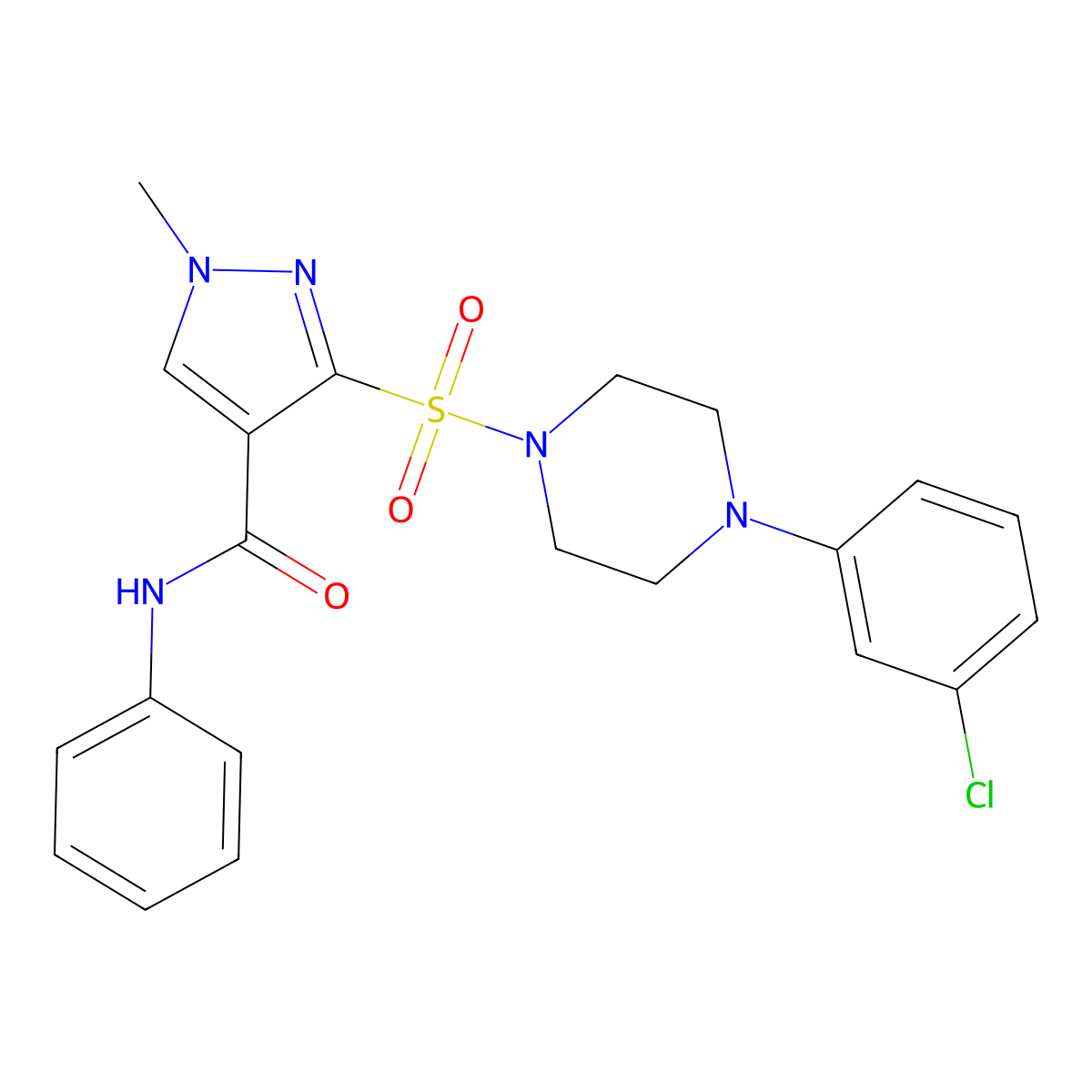 3-{[4-(3-chlorophenyl)piperazin-1-yl]sulfonyl}-1-methyl-N-phenyl-1H-pyrazole-4-carboxamide molecular structure, CAS 1219208-53-3