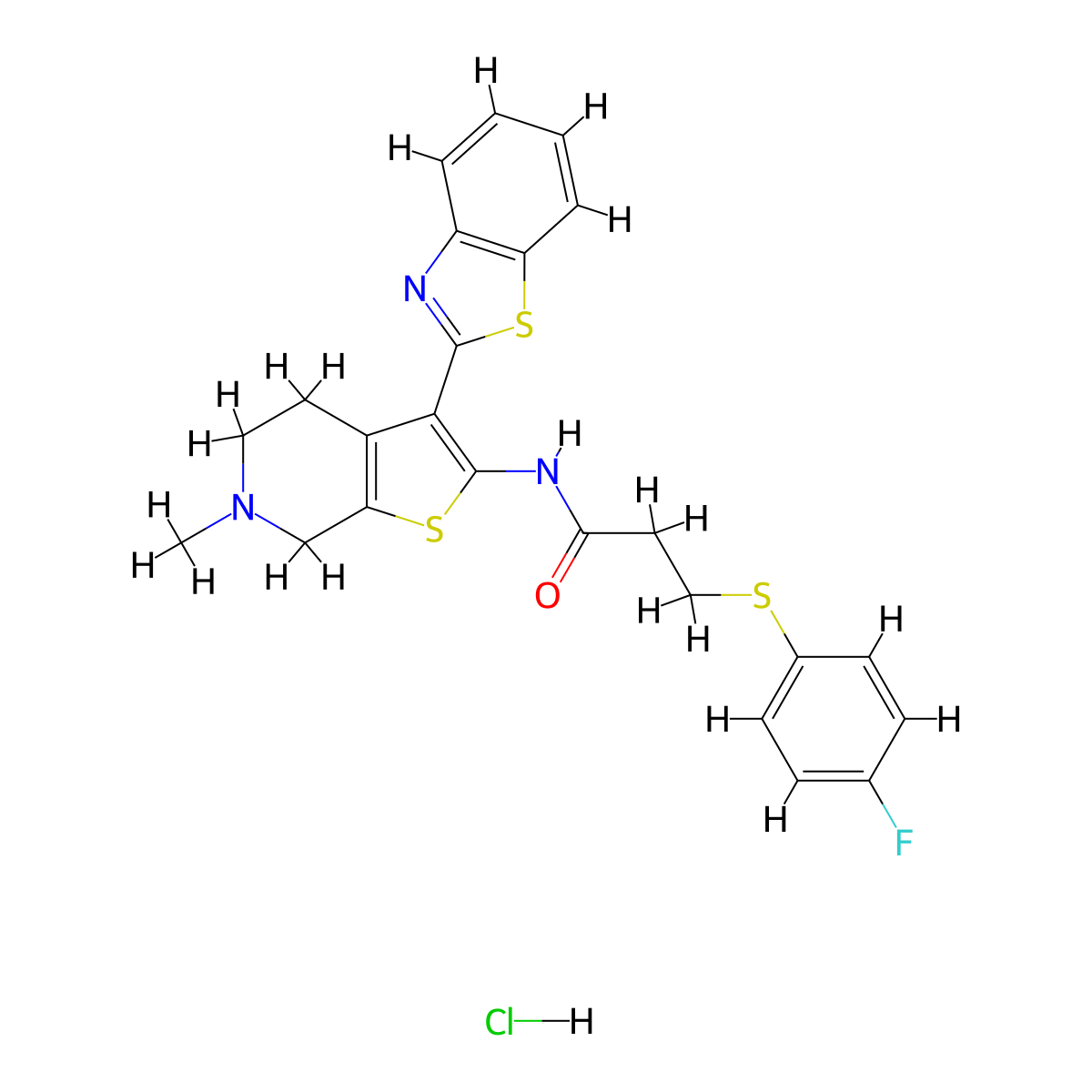 N-(3-(benzo[d]thiazol-2-yl)-6-methyl-4,5,6,7-tetrahydrothieno[2,3-c]pyridin-2-yl)-3-((4-fluorophenyl)thio)propanamide hydrochloride molecular structure, CAS 1219209-51-4