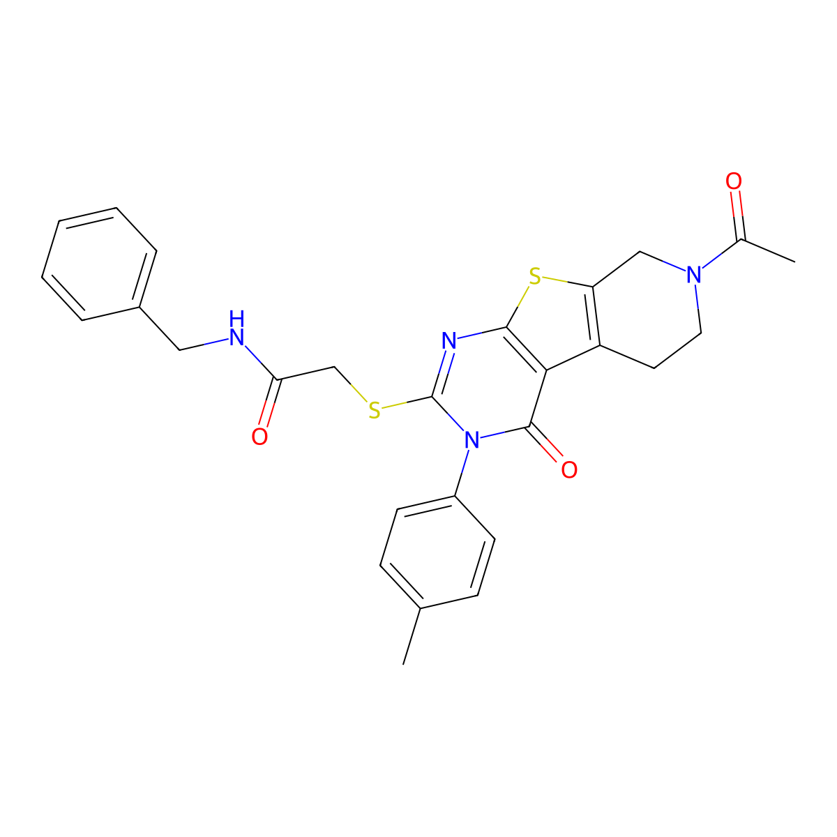 2-{[11-acetyl-4-(4-methylphenyl)-3-oxo-8-thia-4,6,11-triazatricyclo[7.4.0.0^{2,7}]trideca-1(9),2(7),5-trien-5-yl]sulfanyl}-N-benzylacetamide molecular structure, CAS 1219221-47-2
