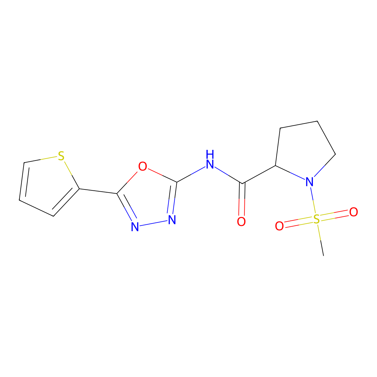 1-(methylsulfonyl)-N-(5-(thiophen-2-yl)-1,3,4-oxadiazol-2-yl)pyrrolidine-2-carboxamide molecular structure, CAS 1219240-50-2