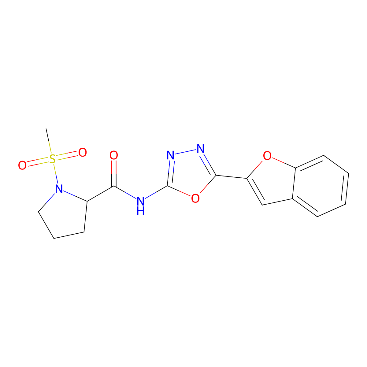 N-(5-(benzofuran-2-yl)-1,3,4-oxadiazol-2-yl)-1-(methylsulfonyl)pyrrolidine-2-carboxamide molecular structure, CAS 1219348-80-7