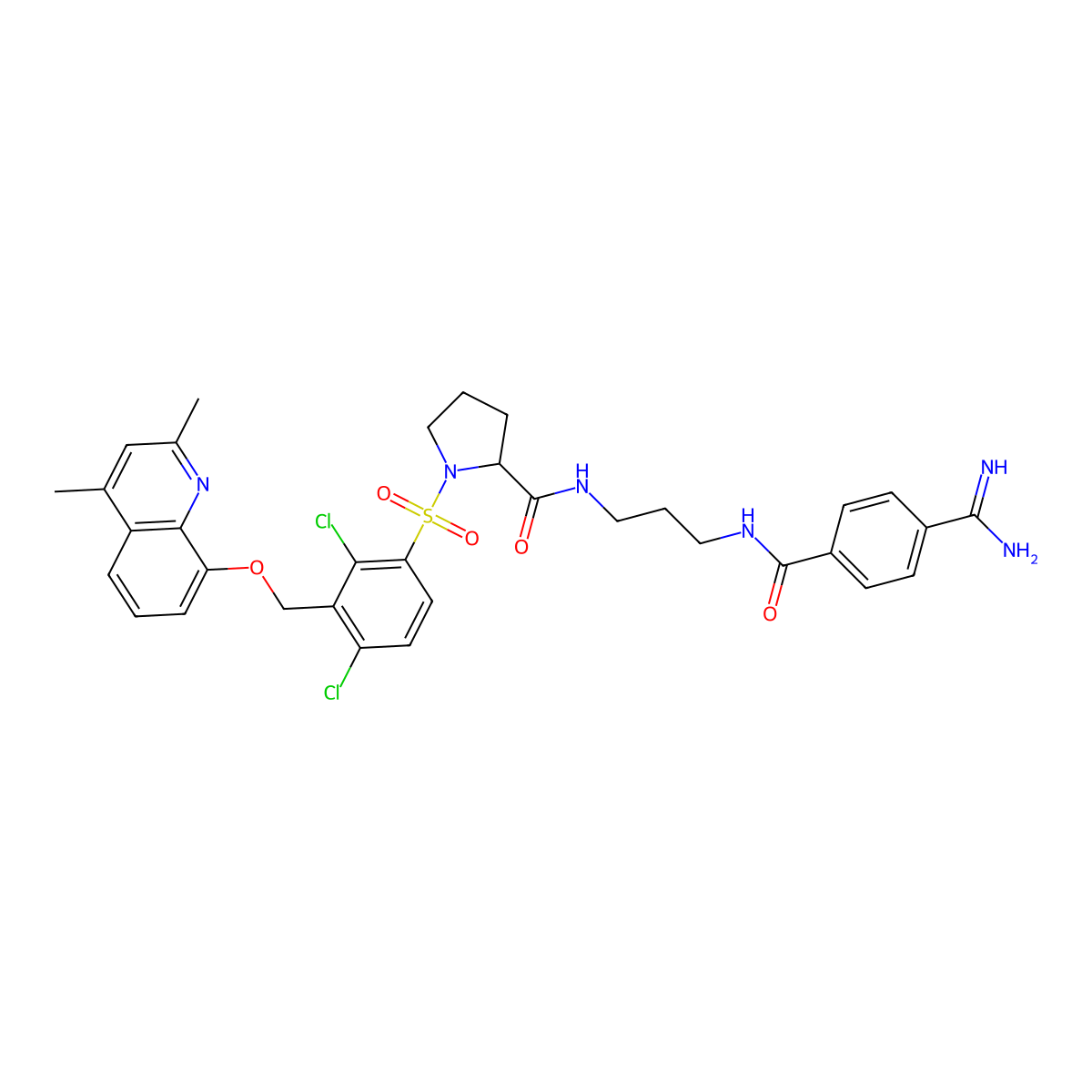 (2S)-N-(3-(4-Carbamimidoylbenzamido)propyl)-1-(2,4-dichloro-3-((2,4-dimethyl-8-quinolyloxy)methyl)phenylsulfonyl)pyrrolidine-2-carbo xamide molecular structure, CAS 1219369-12-6