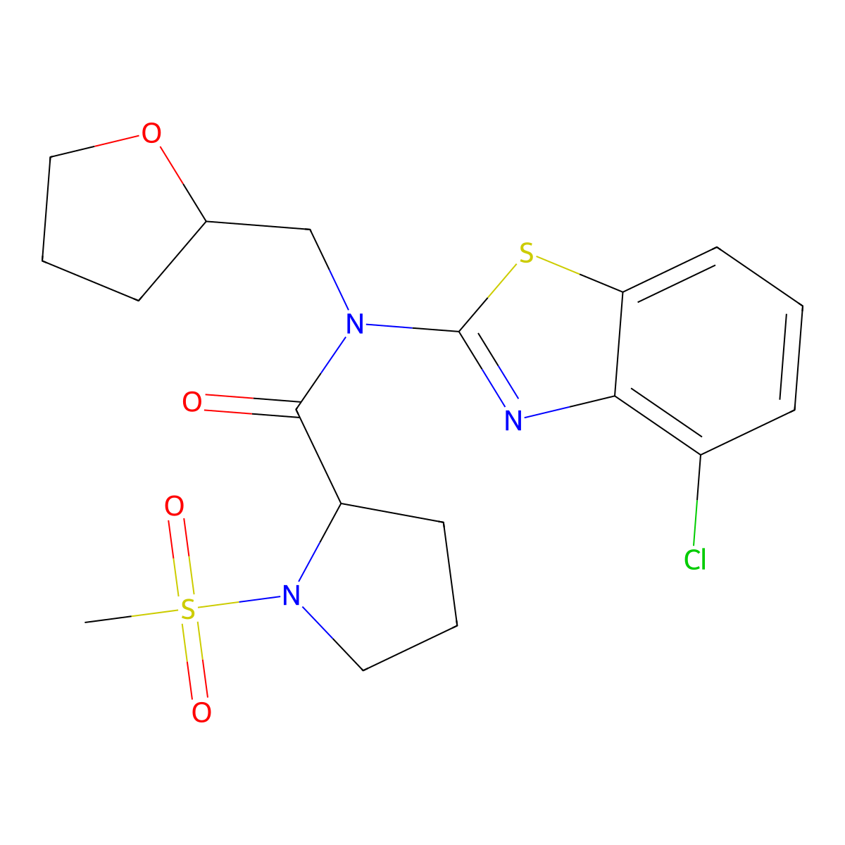 N-(4-chlorobenzo[d]thiazol-2-yl)-1-(methylsulfonyl)-N-((tetrahydrofuran-2-yl)methyl)pyrrolidine-2-carboxamide molecular structure, CAS 1219369-44-4