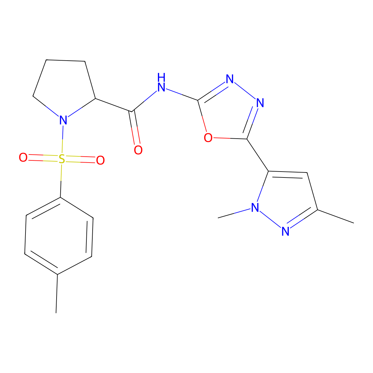N-(5-(1,3-dimethyl-1H-pyrazol-5-yl)-1,3,4-oxadiazol-2-yl)-1-tosylpyrrolidine-2-carboxamide molecular structure, CAS 1219371-02-4