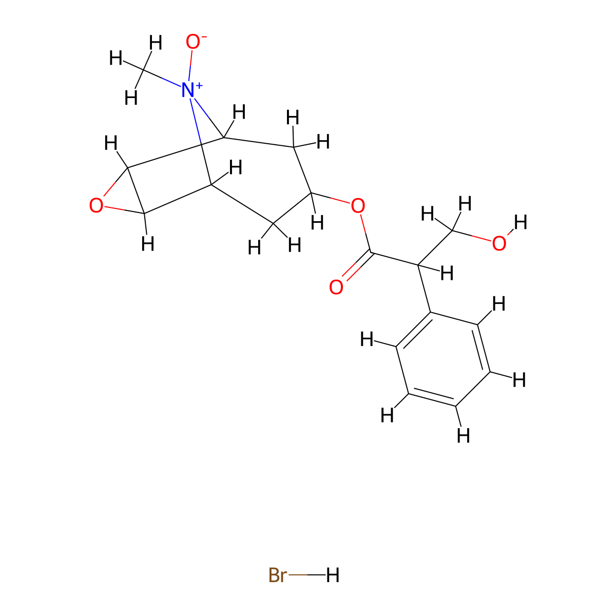 9-Methyl-9-oxido-3-oxa-9-azatricyclo(3.3.1.02,4)nonan-7-yl tropate hydrobromide (1:1) molecular structure, CAS 1219375-42-4