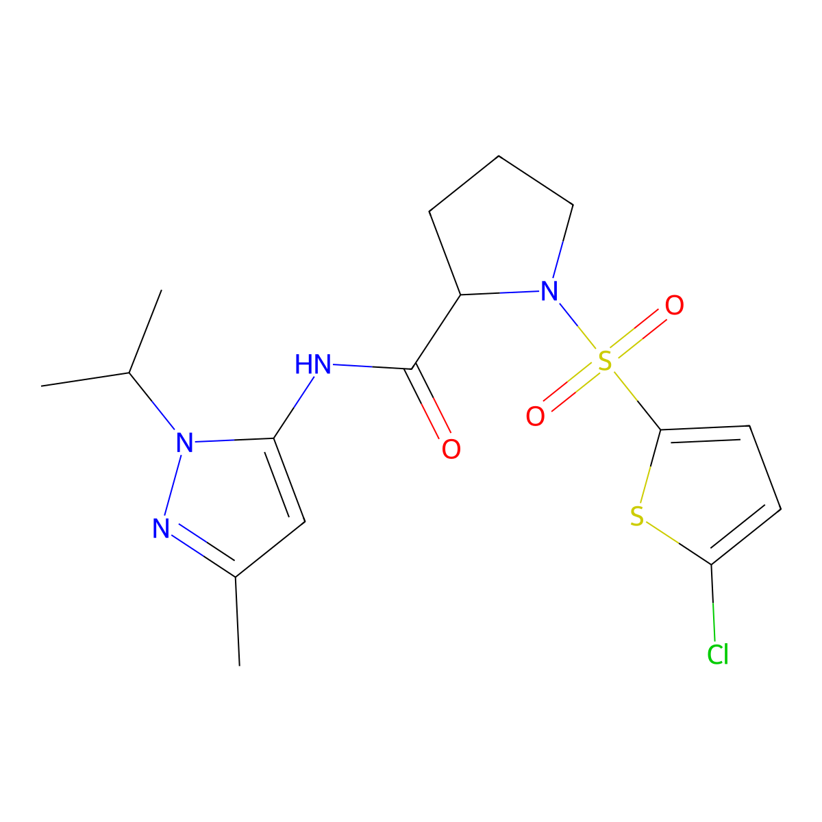 1-((5-chlorothiophen-2-yl)sulfonyl)-N-(1-isopropyl-3-methyl-1H-pyrazol-5-yl)pyrrolidine-2-carboxamide molecular structure, CAS 1219377-44-2
