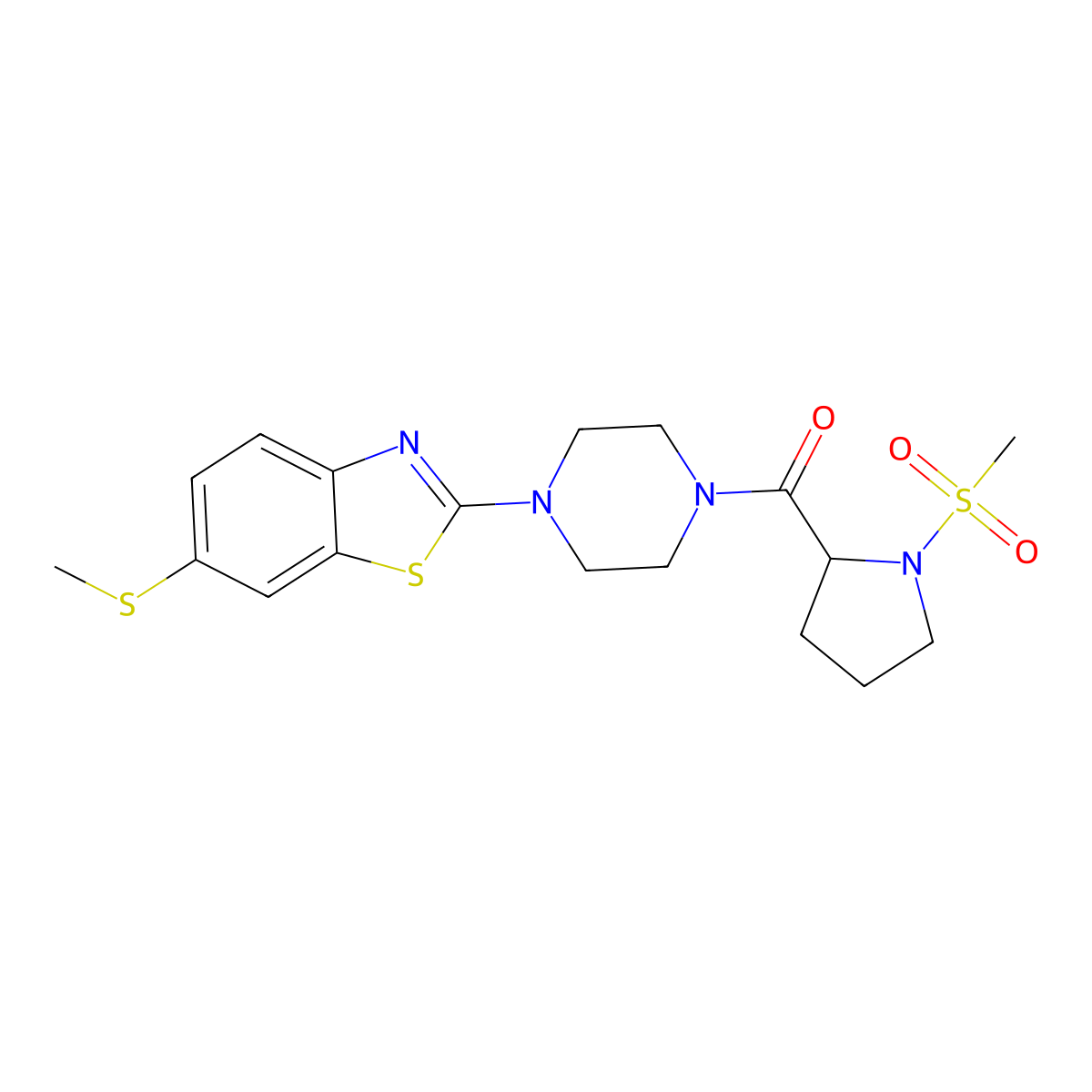 (1-(Methylsulfonyl)pyrrolidin-2-yl)(4-(6-(methylthio)benzo[d]thiazol-2-yl)piperazin-1-yl)methanone molecular structure, CAS 1219386-19-2
