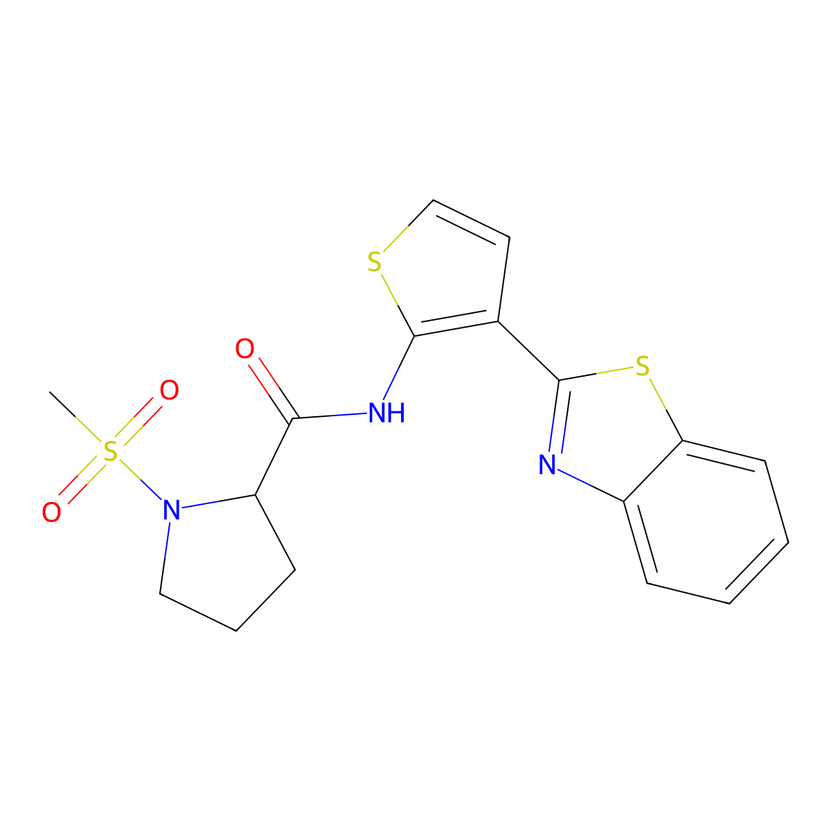 N-(3-(benzo[d]thiazol-2-yl)thiophen-2-yl)-1-(methylsulfonyl)pyrrolidine-2-carboxamide molecular structure, CAS 1219389-10-2