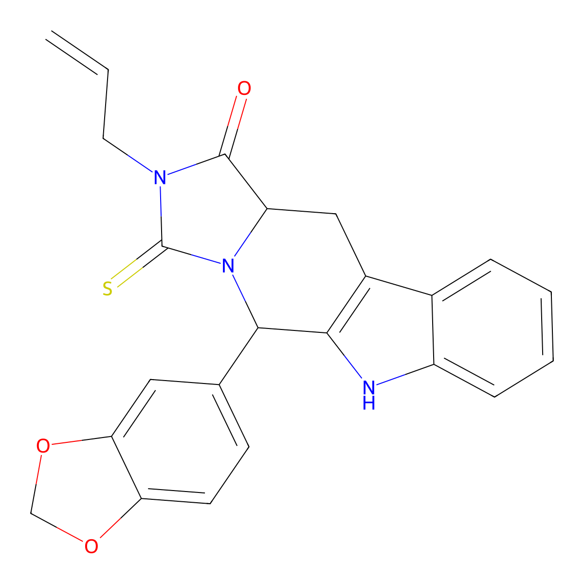 10-(1,3-Benzodioxol-5-yl)-13-prop-2-enyl-12-sulfanylidene-8,11,13-triazatetracyclo[7.7.0.02,7.011,15]hexadeca-1(9),2,4,6-tetraen-14-one molecular structure, CAS 1219392-56-9