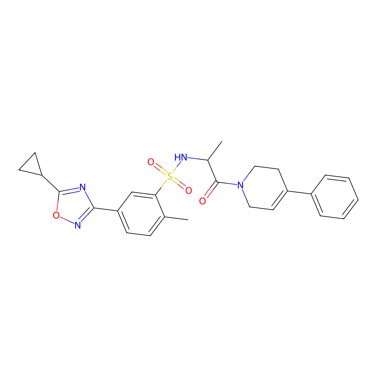 5-(5-Cyclopropyl-1,2,4-oxadiazol-3-YL)-2-methyl-N-[1-oxo-1-(4-phenyl-1,2,3,6-tetrahydropyridin-1-YL)propan-2-YL]benzene-1-sulfonamide molecular structure, CAS 1219395-86-4