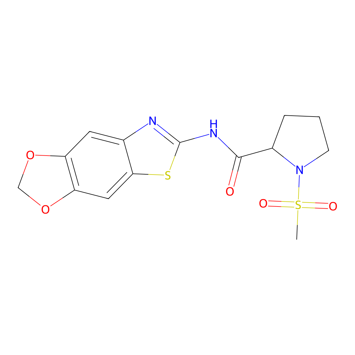 N-{4,6-dioxa-10-thia-12-azatricyclo[7.3.0.0^{3,7}]dodeca-1(9),2,7,11-tetraen-11-yl}-1-methanesulfonylpyrrolidine-2-carboxamide molecular structure, CAS 1219399-92-4