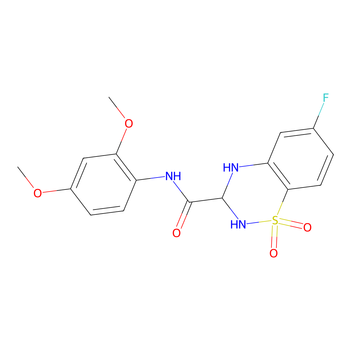 N-(2,4-dimethoxyphenyl)-6-fluoro-3,4-dihydro-2H-benzo[e][1,2,4]thiadiazine-3-carboxamide 1,1-dioxide molecular structure, CAS 1219411-87-6