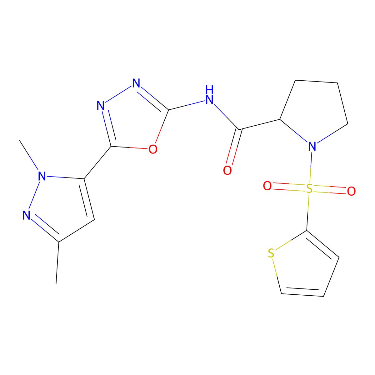 N-(5-(1,3-dimethyl-1H-pyrazol-5-yl)-1,3,4-oxadiazol-2-yl)-1-(thiophen-2-ylsulfonyl)pyrrolidine-2-carboxamide molecular structure, CAS 1219412-04-0
