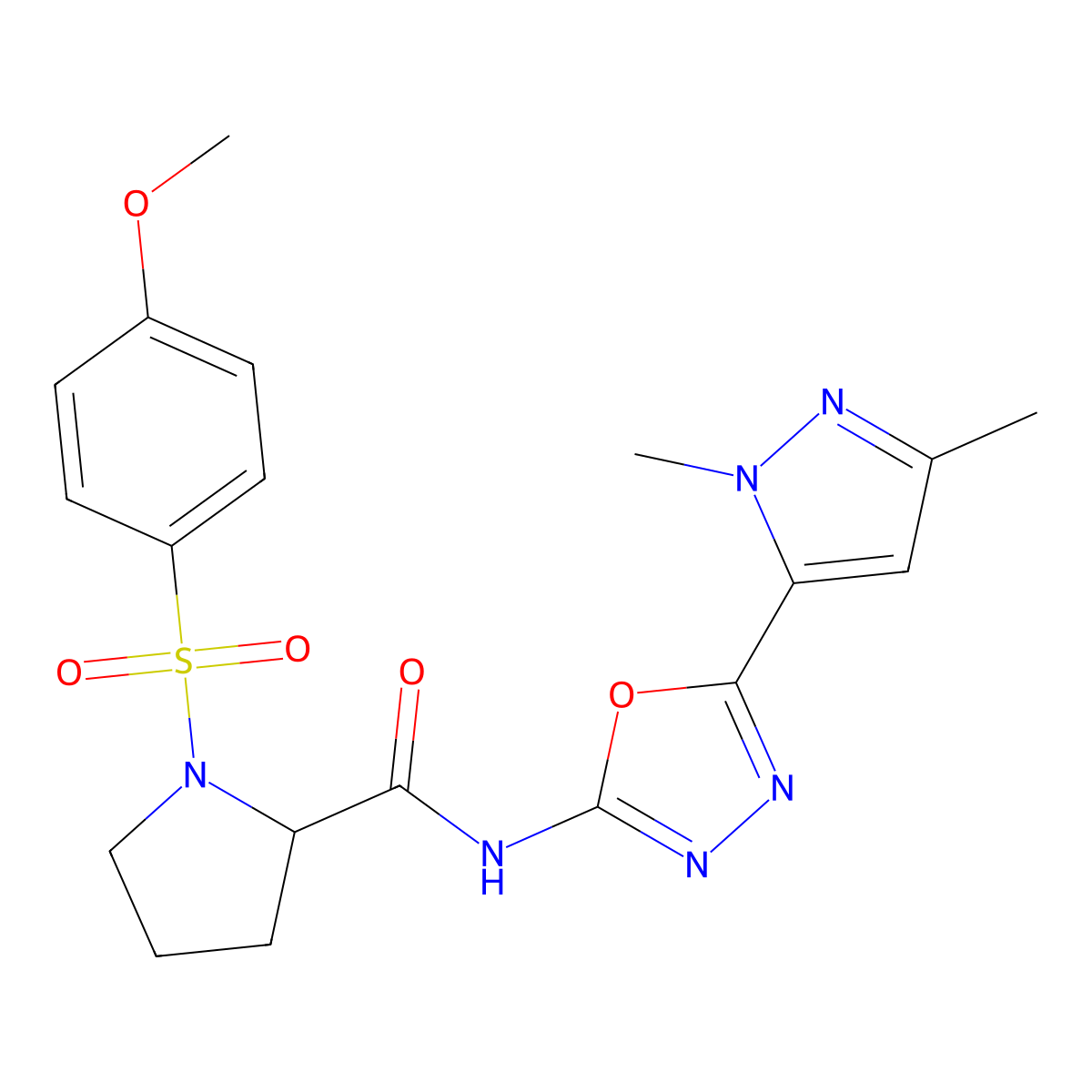 N-(5-(1,3-dimethyl-1H-pyrazol-5-yl)-1,3,4-oxadiazol-2-yl)-1-((4-methoxyphenyl)sulfonyl)pyrrolidine-2-carboxamide molecular structure, CAS 1219418-13-9