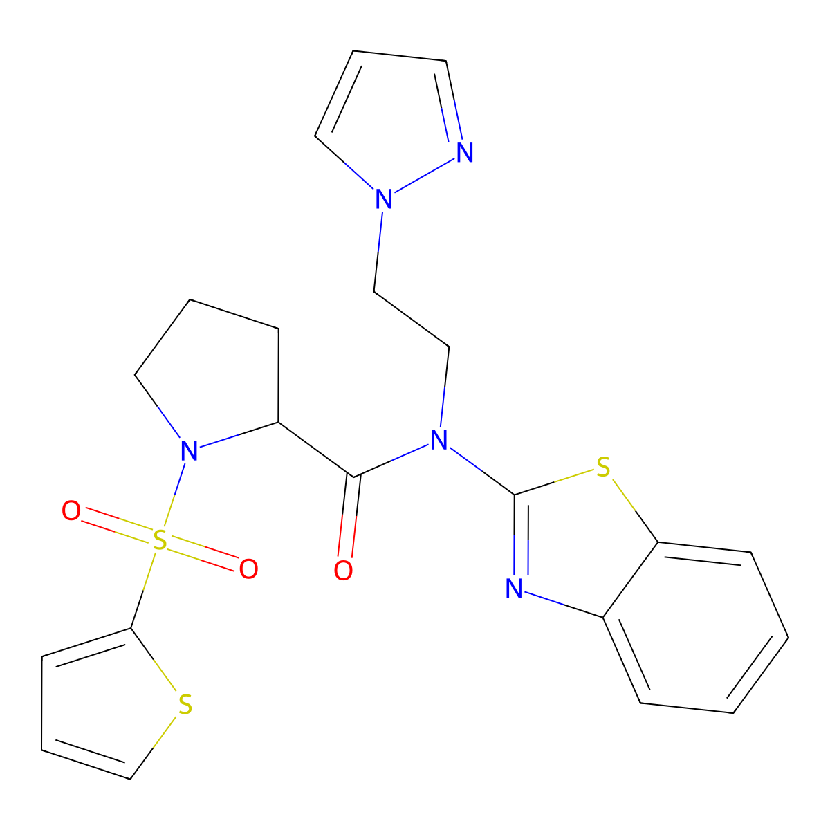 N-(2-(1H-pyrazol-1-yl)ethyl)-N-(benzo[d]thiazol-2-yl)-1-(thiophen-2-ylsulfonyl)pyrrolidine-2-carboxamide molecular structure, CAS 1219418-20-8