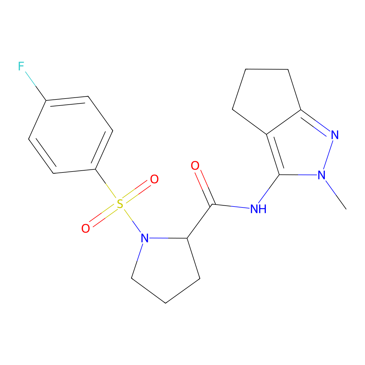1-((4-fluorophenyl)sulfonyl)-N-(2-methyl-2,4,5,6-tetrahydrocyclopenta[c]pyrazol-3-yl)pyrrolidine-2-carboxamide molecular structure, CAS 1219434-45-3
