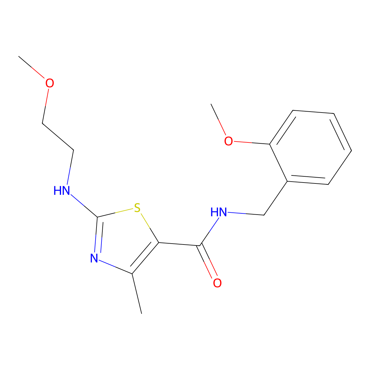 N-(2-methoxybenzyl)-2-[(2-methoxyethyl)amino]-4-methyl-1,3-thiazole-5-carboxamide molecular structure, CAS 1219539-60-2