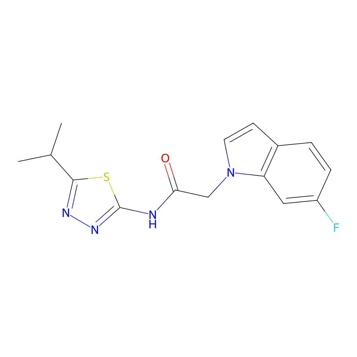 2-(6-fluoro-1H-indol-1-yl)-N-[(2E)-5-(propan-2-yl)-1,3,4-thiadiazol-2(3H)-ylidene]acetamide molecular structure, CAS 1219540-06-3