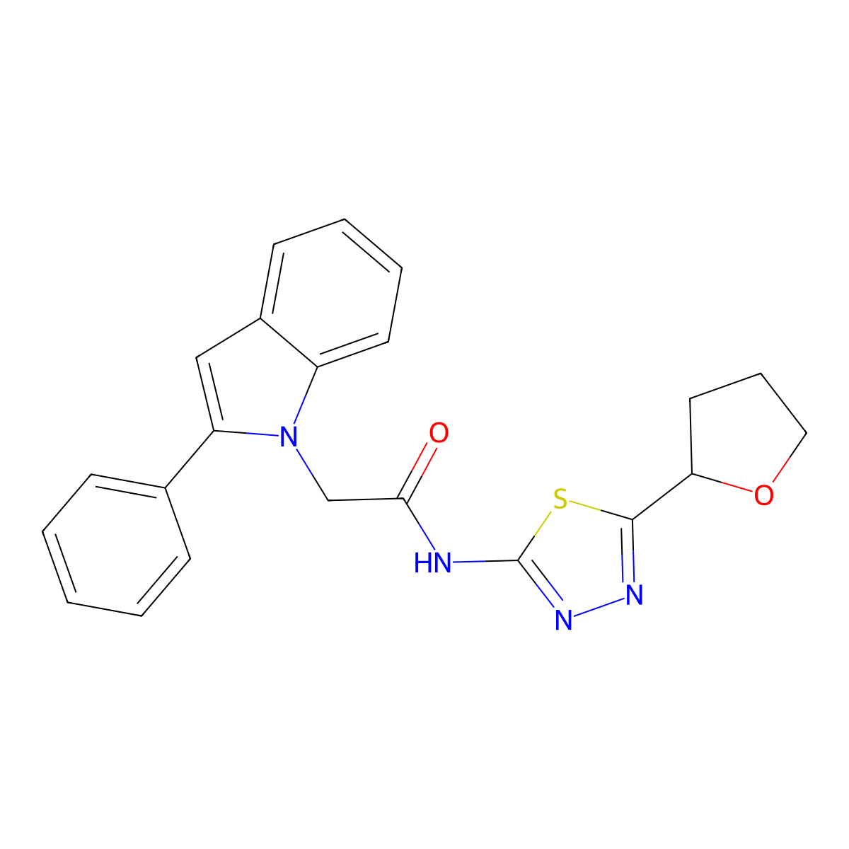 2-(2-phenyl-1H-indol-1-yl)-N-[(2E)-5-(tetrahydrofuran-2-yl)-1,3,4-thiadiazol-2(3H)-ylidene]acetamide molecular structure, CAS 1219541-98-6