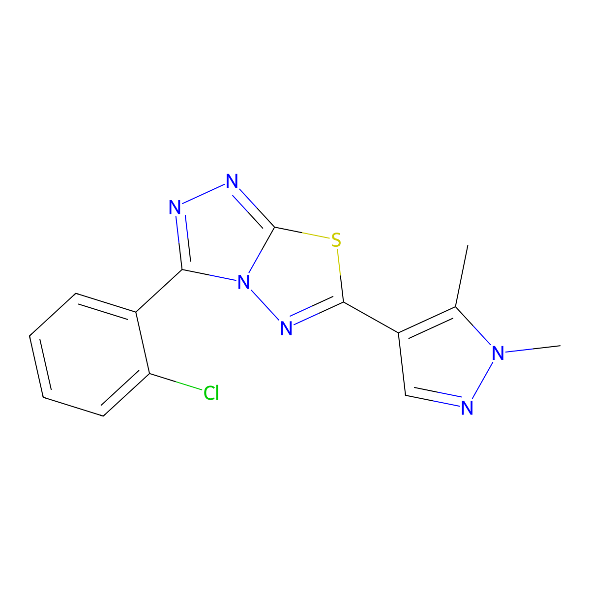3-(2-chlorophenyl)-6-(1,5-dimethyl-1H-pyrazol-4-yl)[1,2,4]triazolo[3,4-b][1,3,4]thiadiazole molecular structure, CAS 1219542-32-1