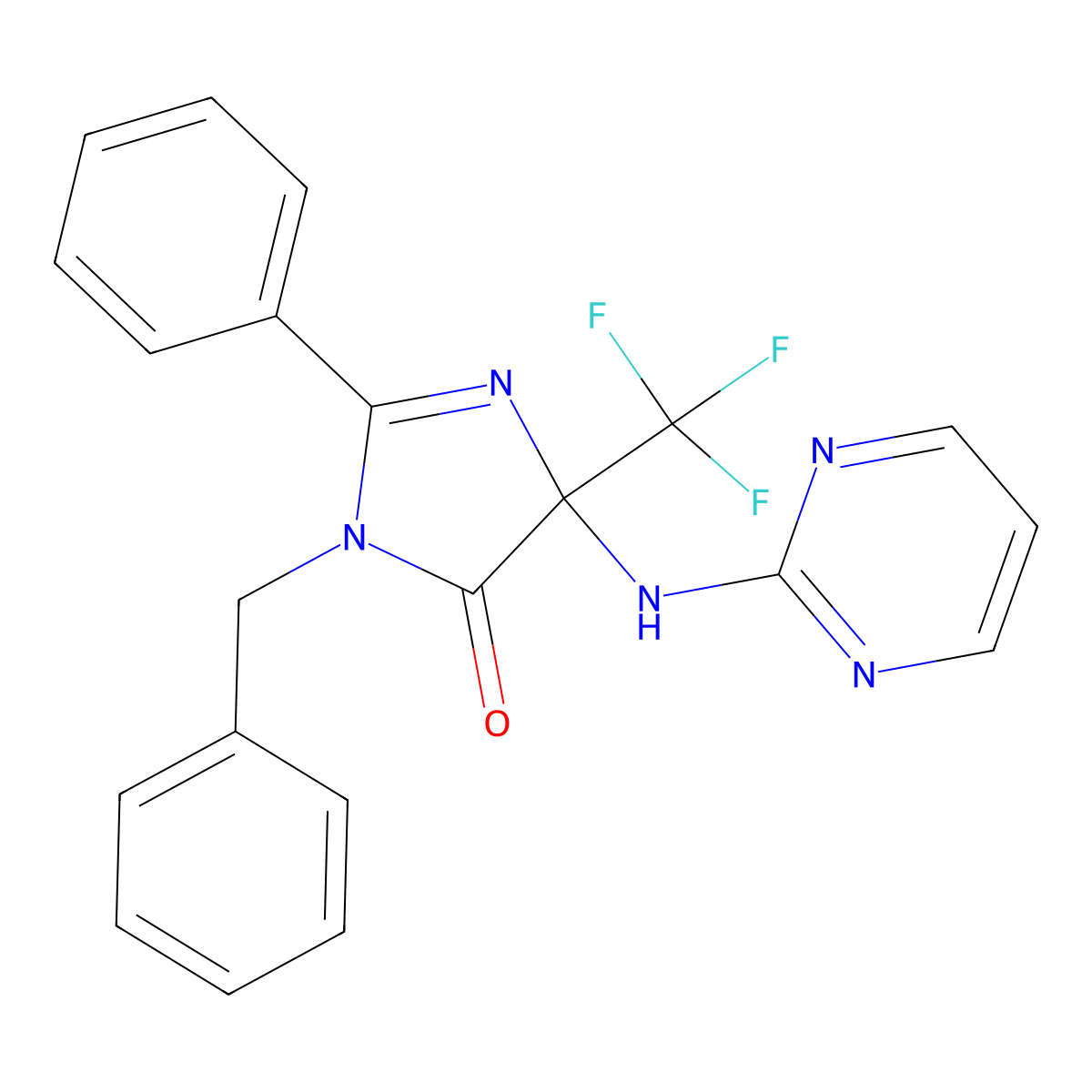 3-benzyl-2-phenyl-5-(pyrimidin-2-ylamino)-5-(trifluoromethyl)-3,5-dihydro-4H-imidazol-4-one molecular structure, CAS 1219542-59-2
