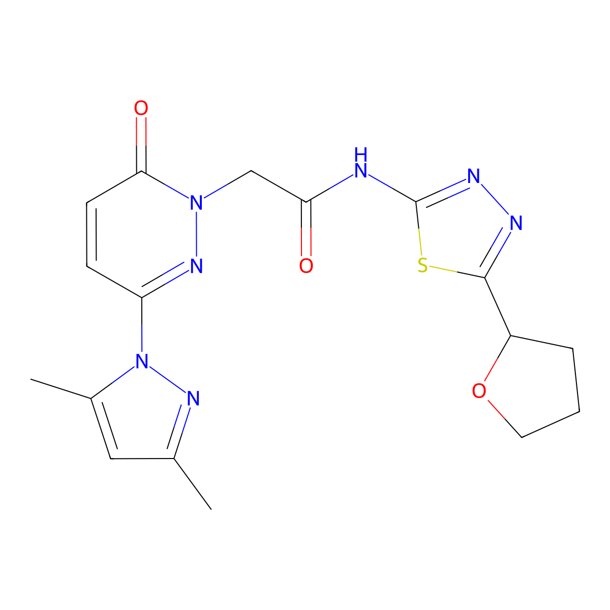 2-[3-(3,5-dimethyl-1H-pyrazol-1-yl)-6-oxopyridazin-1(6H)-yl]-N-[(2Z)-5-(tetrahydrofuran-2-yl)-1,3,4-thiadiazol-2(3H)-ylidene]acetamide molecular structure, CAS 1219542-93-4