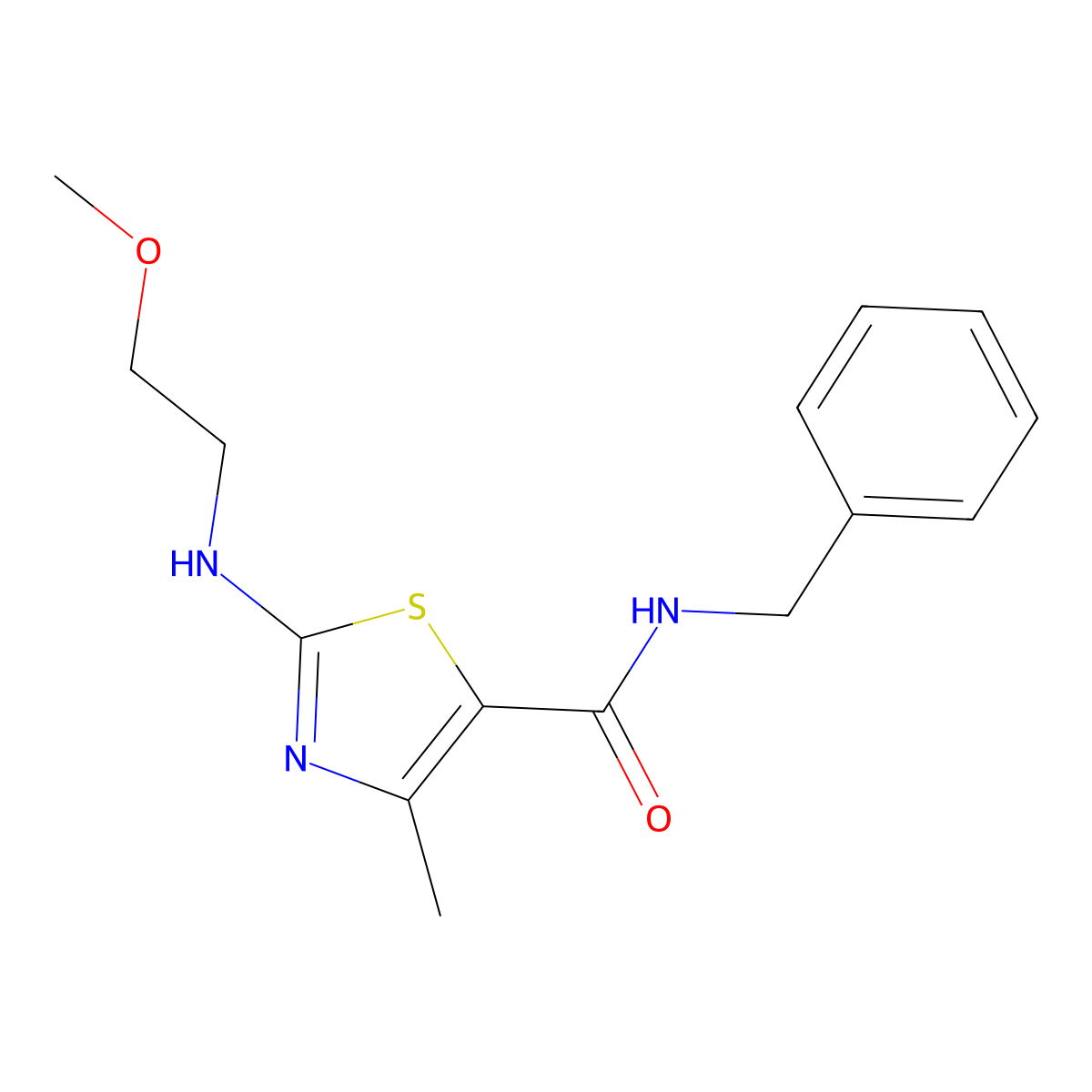 N-benzyl-2-[(2-methoxyethyl)amino]-4-methyl-1,3-thiazole-5-carboxamide molecular structure, CAS 1219544-14-5