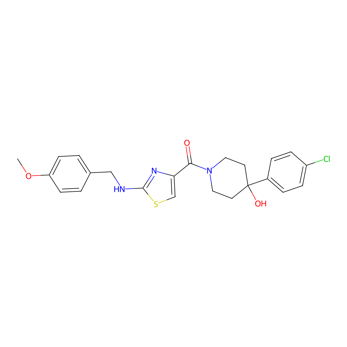 [4-(4-Chlorophenyl)-4-hydroxypiperidin-1-yl]{2-[(4-methoxybenzyl)amino]-1,3-thiazol-4-yl}methanone molecular structure, CAS 1219545-02-4