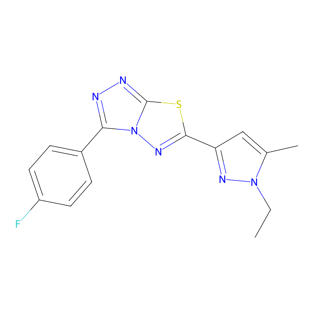 6-(1-ethyl-5-methyl-1H-pyrazol-3-yl)-3-(4-fluorophenyl)[1,2,4]triazolo[3,4-b][1,3,4]thiadiazole molecular structure, CAS 1219545-12-6