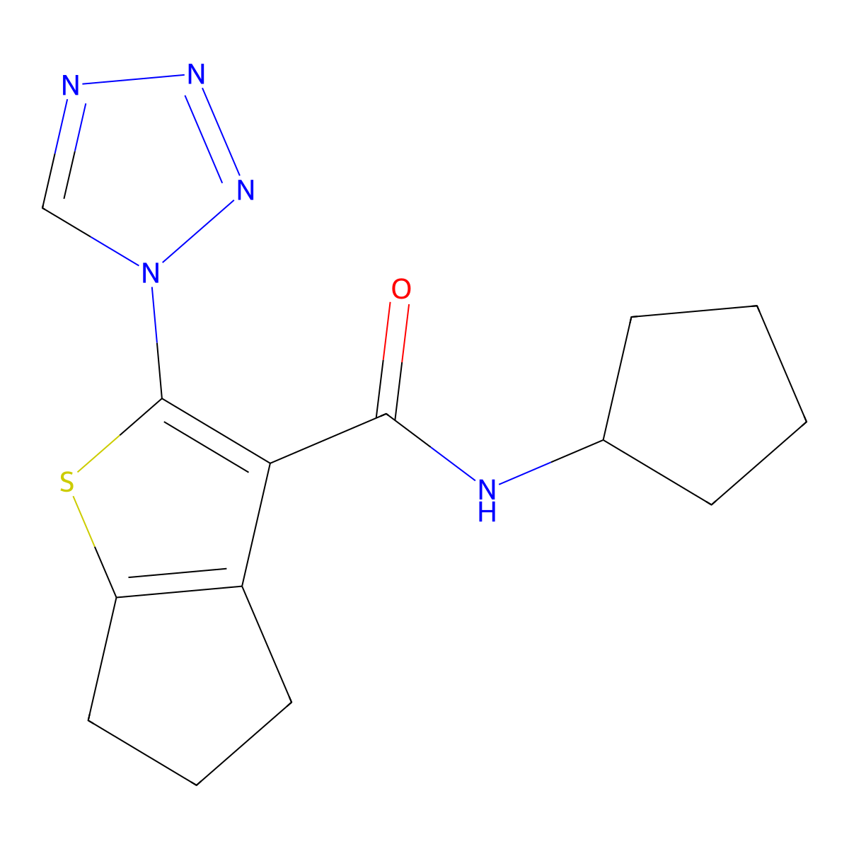 N-cyclopentyl-2-(1H-tetrazol-1-yl)-5,6-dihydro-4H-cyclopenta[b]thiophene-3-carboxamide molecular structure, CAS 1219545-13-7