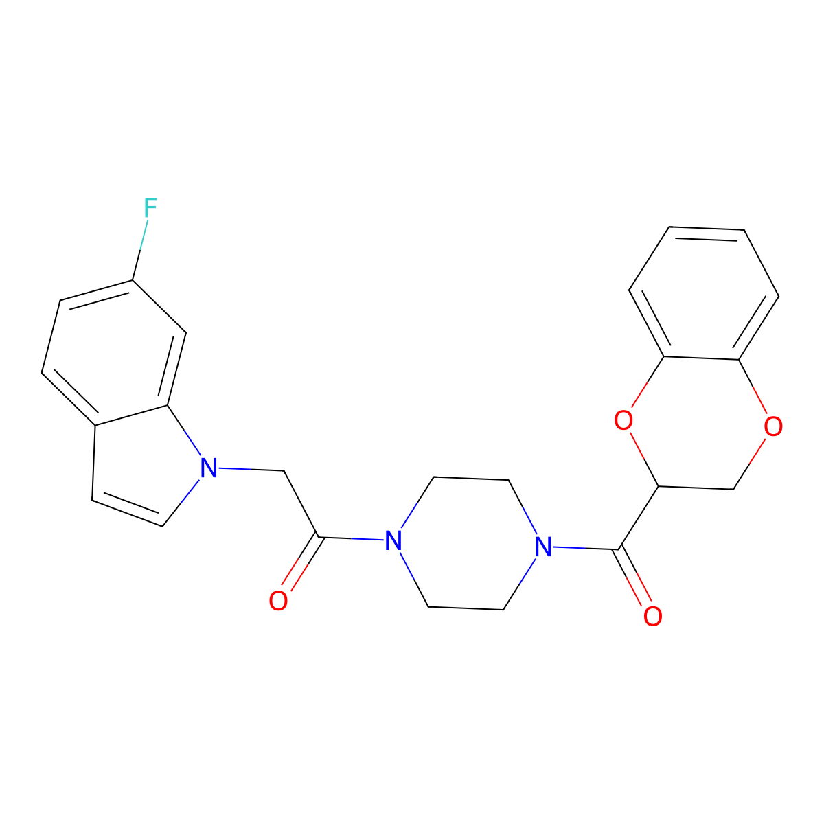 1-[4-(2,3-dihydro-1,4-benzodioxin-2-ylcarbonyl)piperazin-1-yl]-2-(6-fluoro-1H-indol-1-yl)ethanone molecular structure, CAS 1219546-11-8