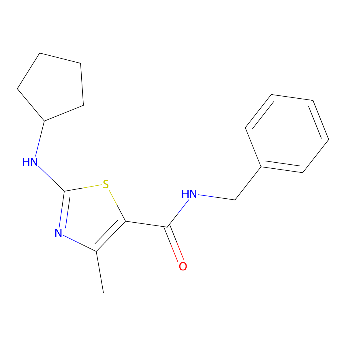 N-benzyl-2-(cyclopentylamino)-4-methyl-1,3-thiazole-5-carboxamide molecular structure, CAS 1219546-32-3